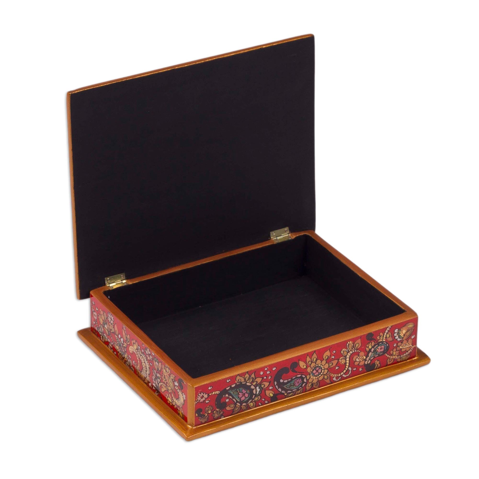 Premium Handcrafted Peruvian Wood Jewelry Box - Fiery Red Reverse-Painted Glass