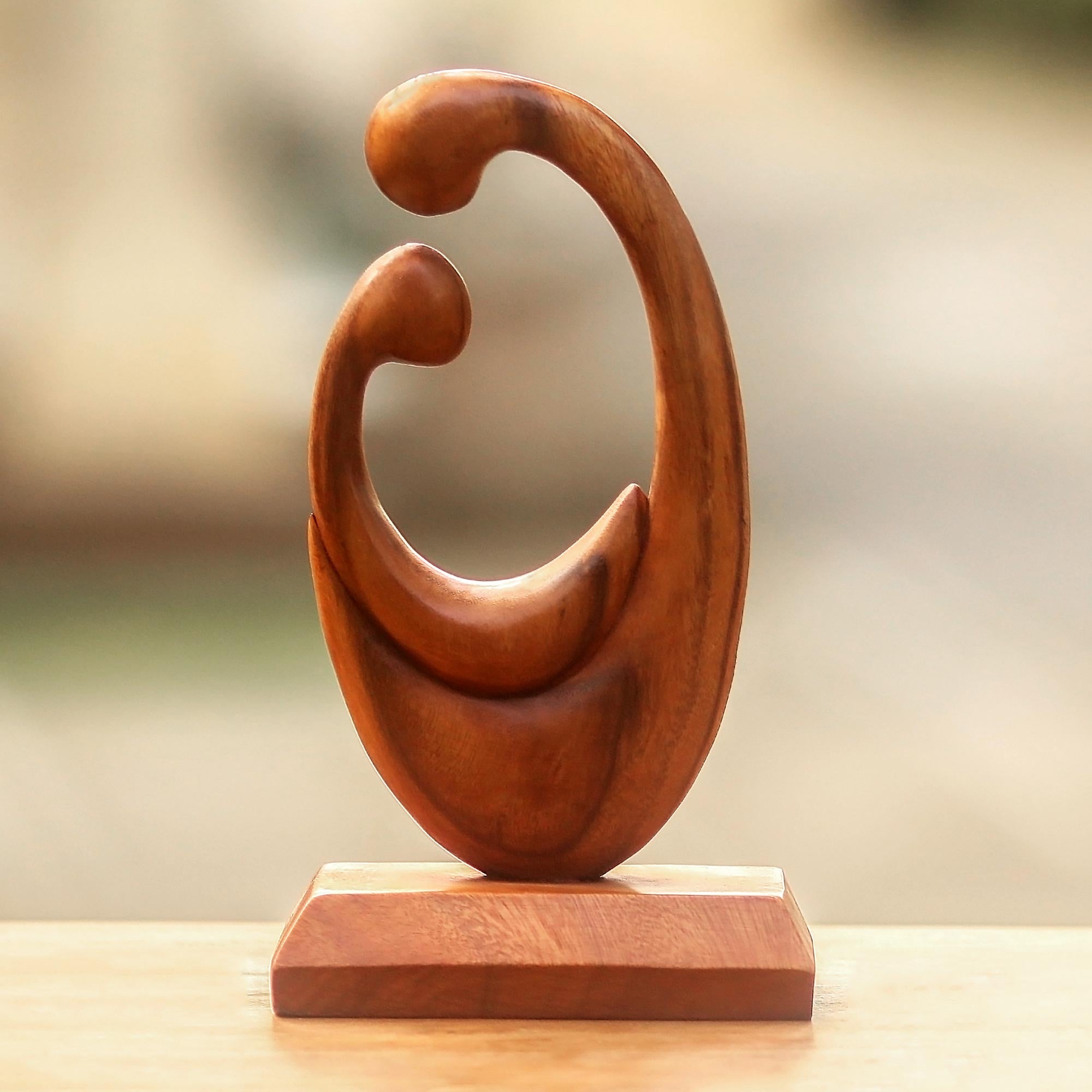 Premium Hand-Carved Mother and Child Wood Sculpture - Balinese Artisan Signed