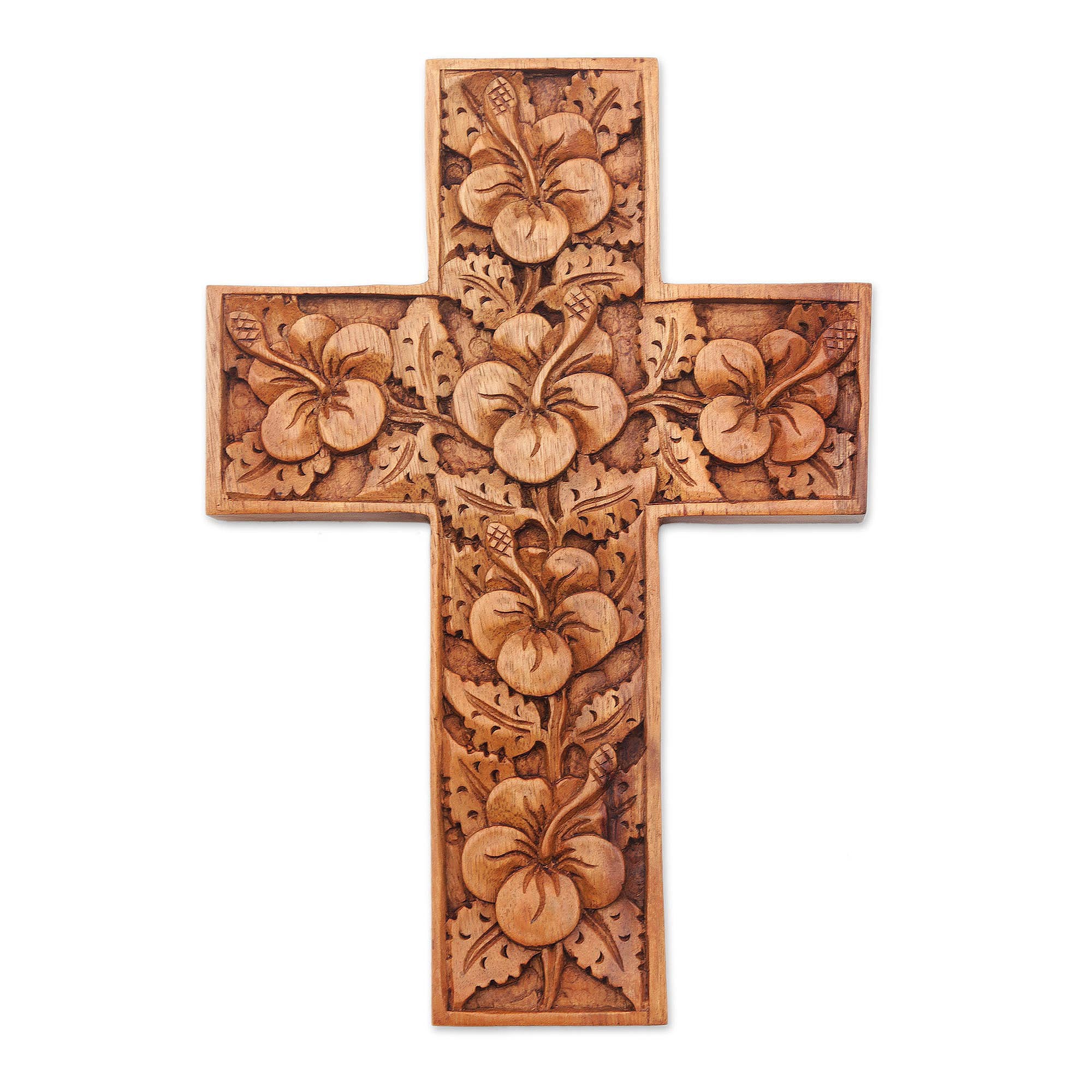 Premium Hand-Carved Hibiscus Wood Cross Sculpture - Tropical Elegance