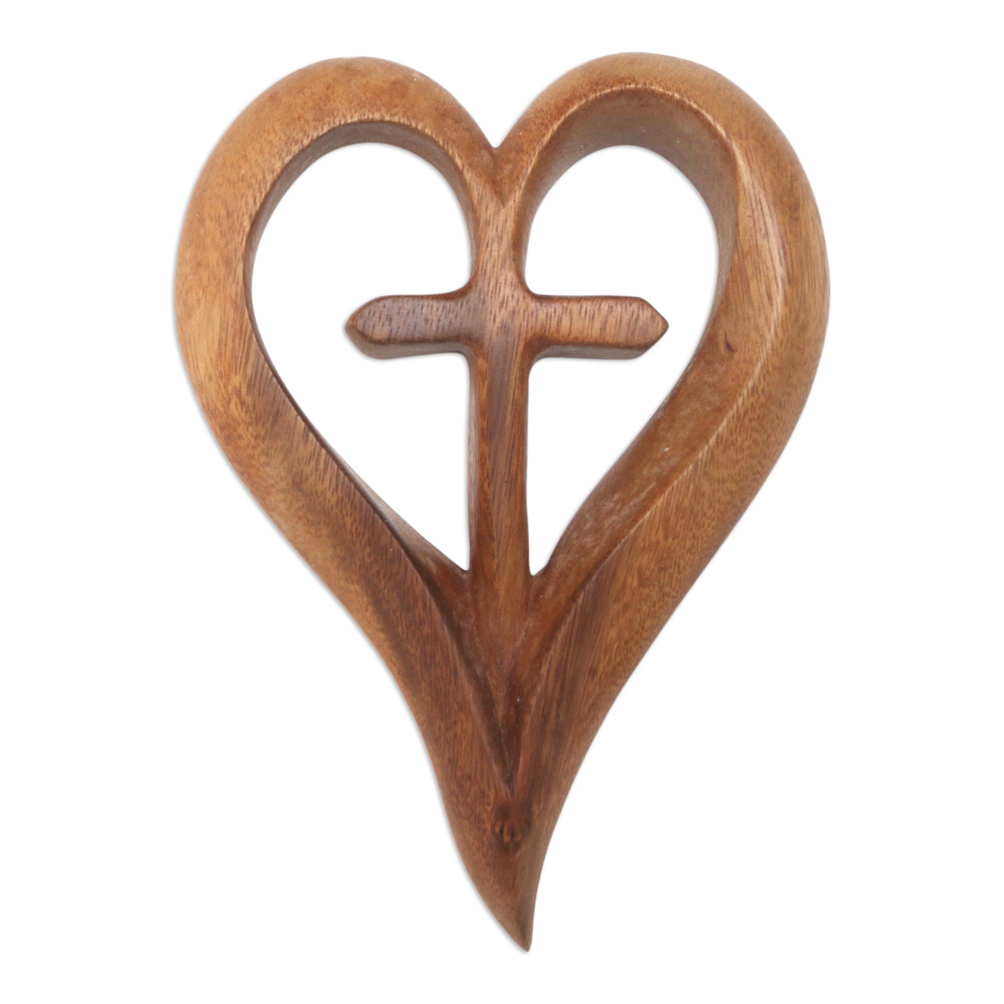 Premium Hand-Carved Suar Wood Heart Cross Wall Art