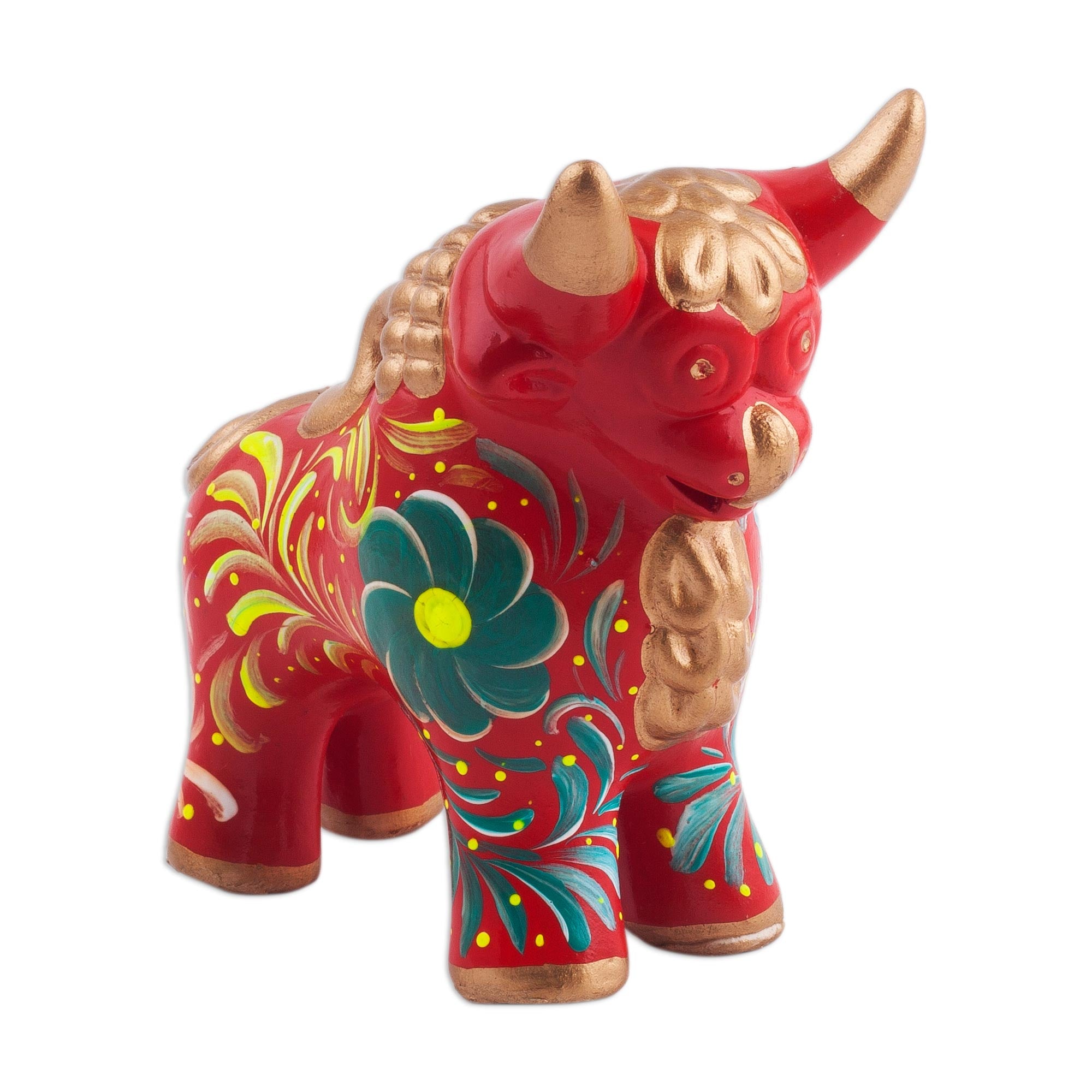 Premium Pucara Bull Sculpture - Handcrafted Red Ceramic with Floral Designs from Peru