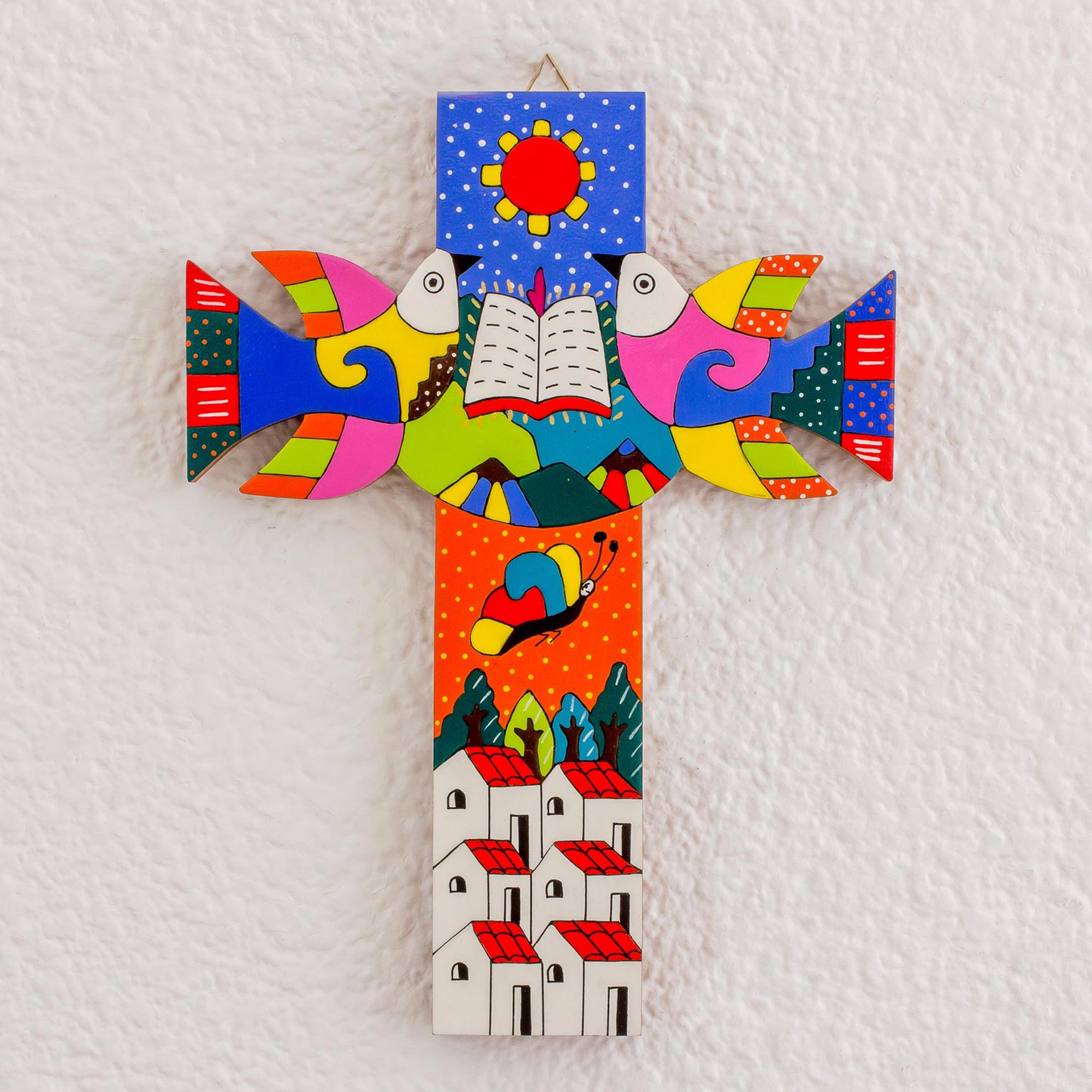 Premium Hand-Painted Pinewood Wall Cross with Sacred Book Design from El Salvador