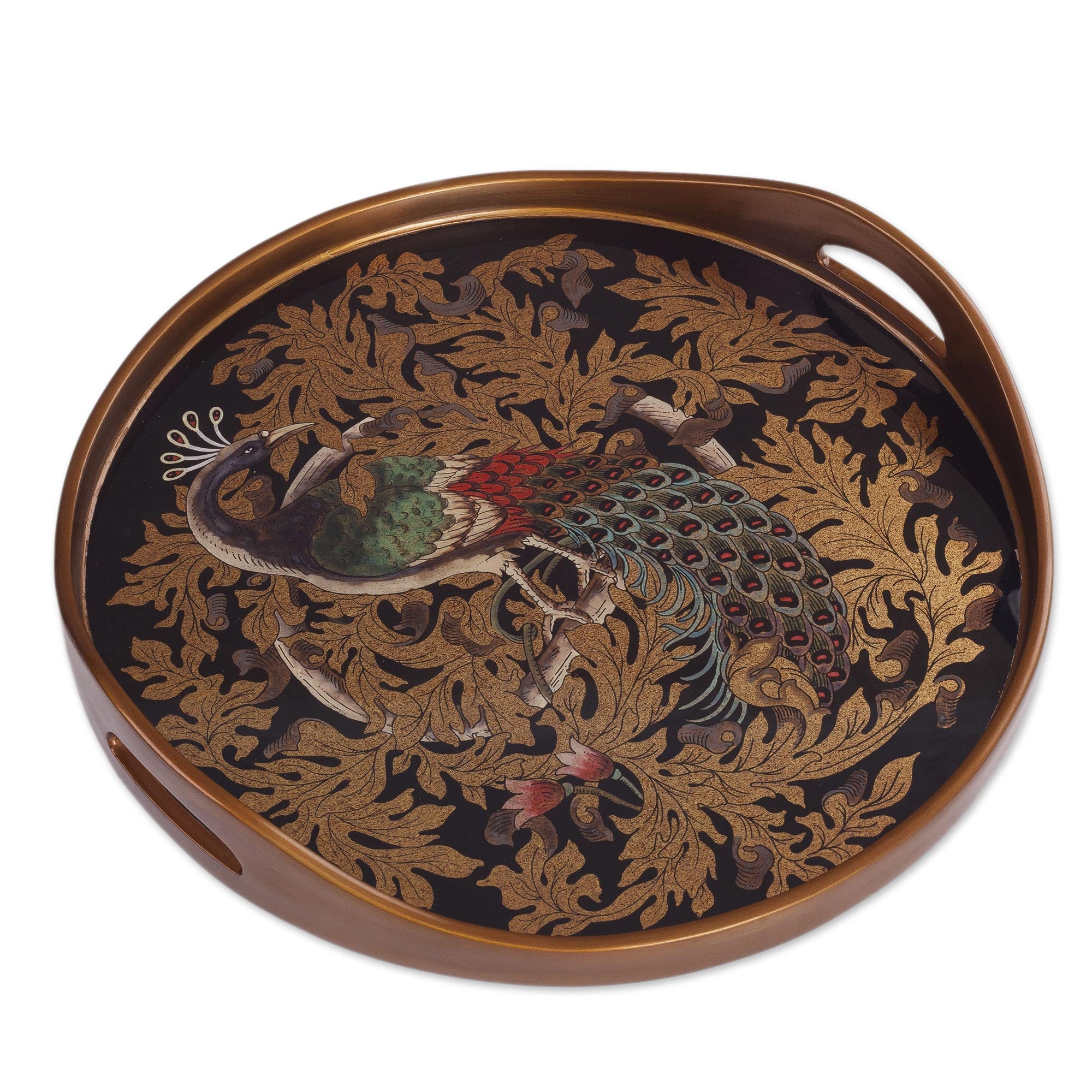 Premium Mystic Peacock Reverse-Painted Glass Tray – Handcrafted in Peru