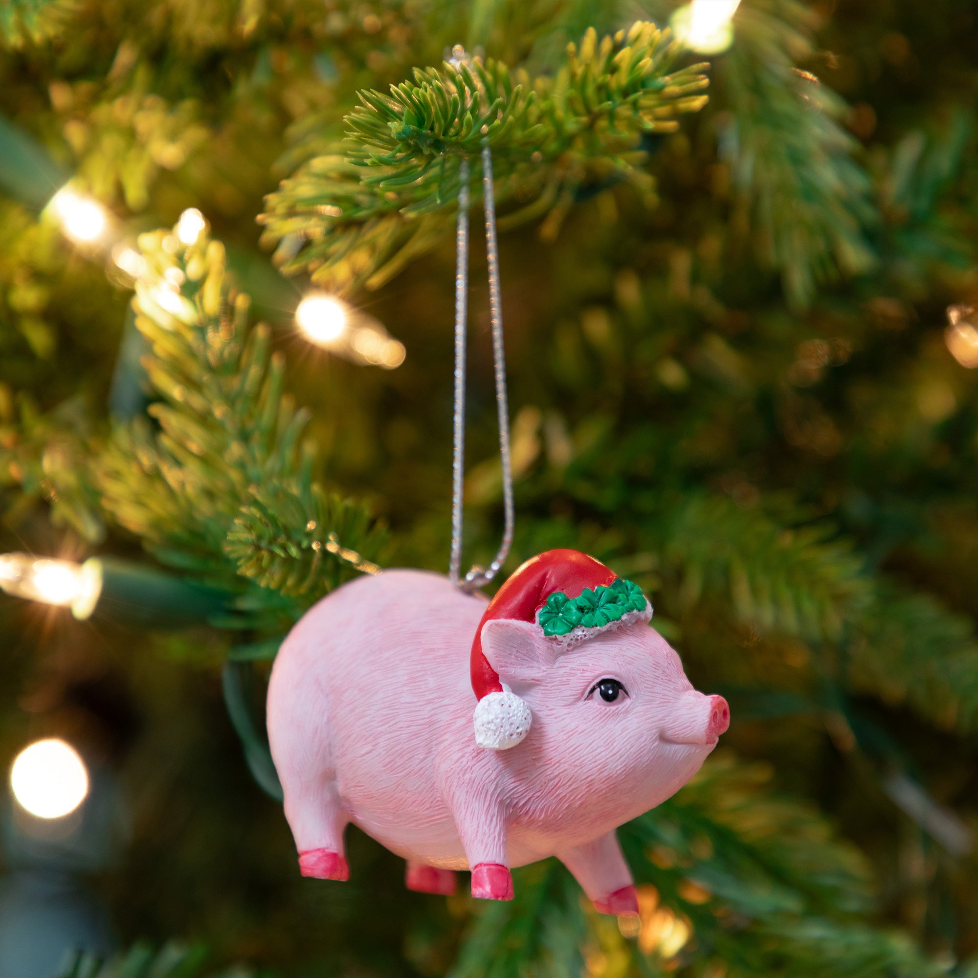 Premium Lucky Pink Pig Ornament with Santa Hat