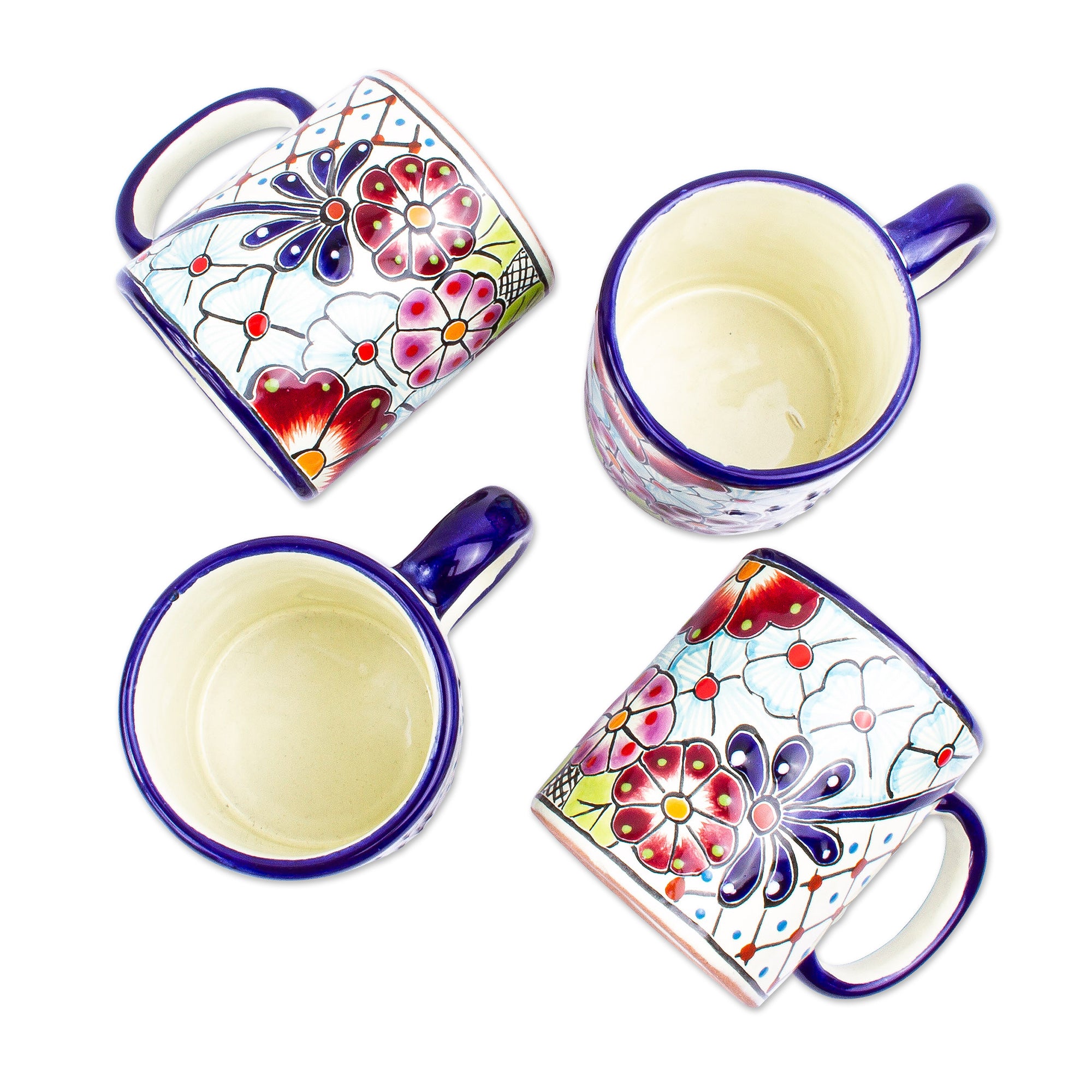 Premium Talavera-Style Multicolored Ceramic Mugs - Set of 4 (Handcrafted in Mexico)