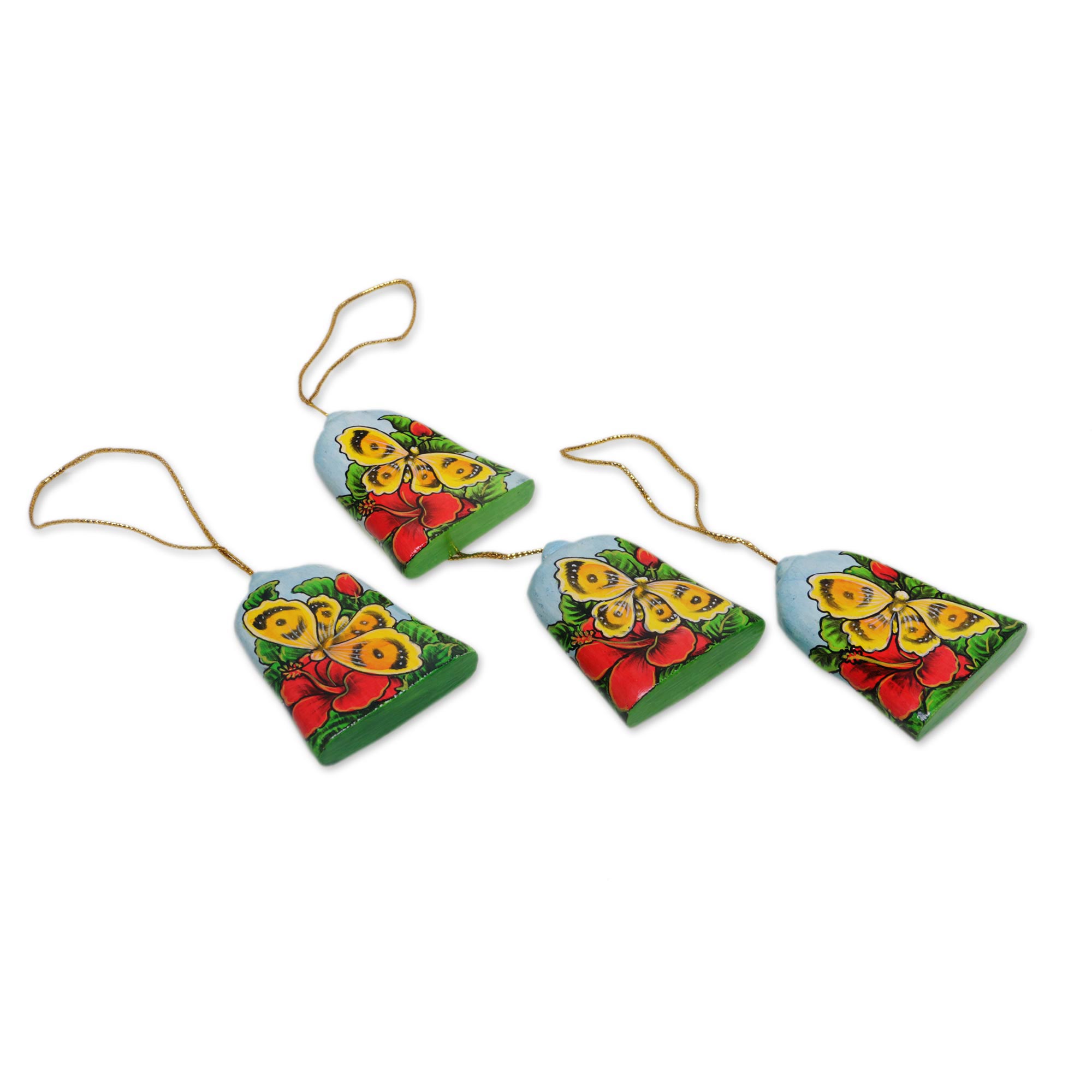 Premium Hand-Painted Bell & Butterfly Ornaments - Set of 4