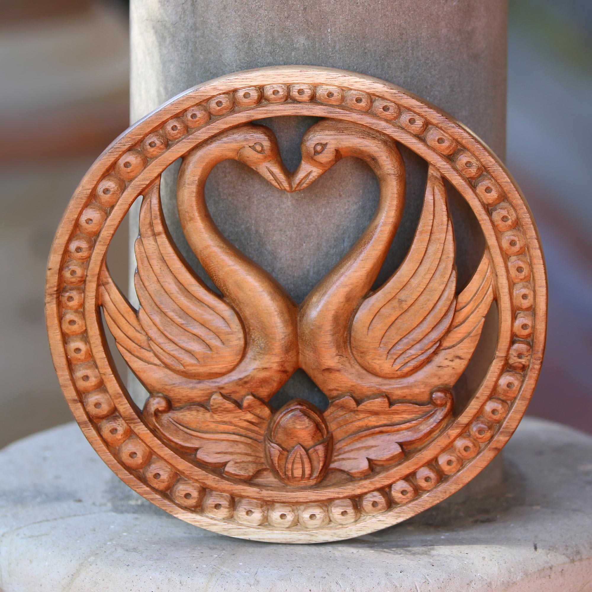Premium Swan Romance Hand-Carved Suar Wood Panel from Bali