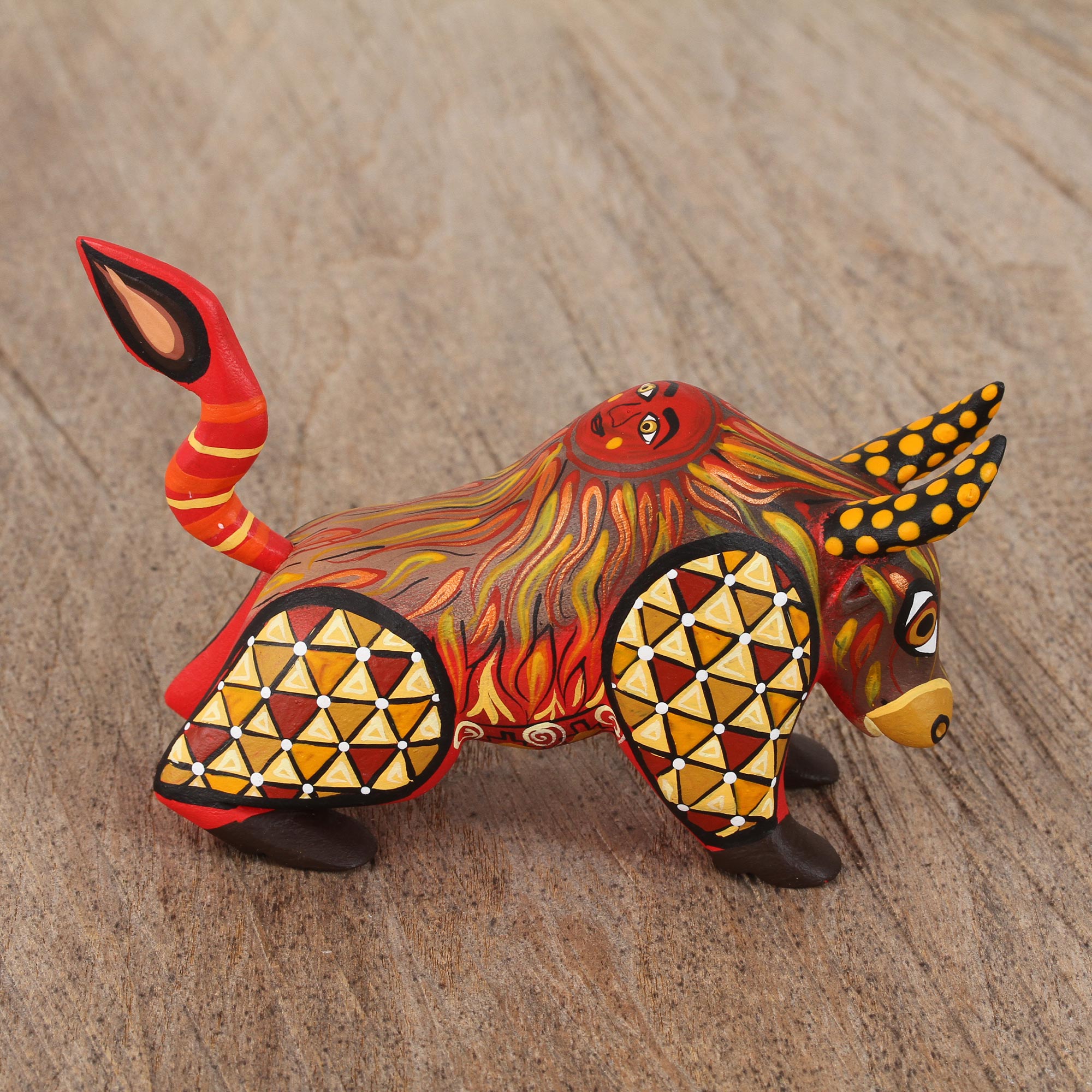 Premium Handcrafted Sun Force Orange Alebrije Bull - Multicolor Artisan Masterpiece
