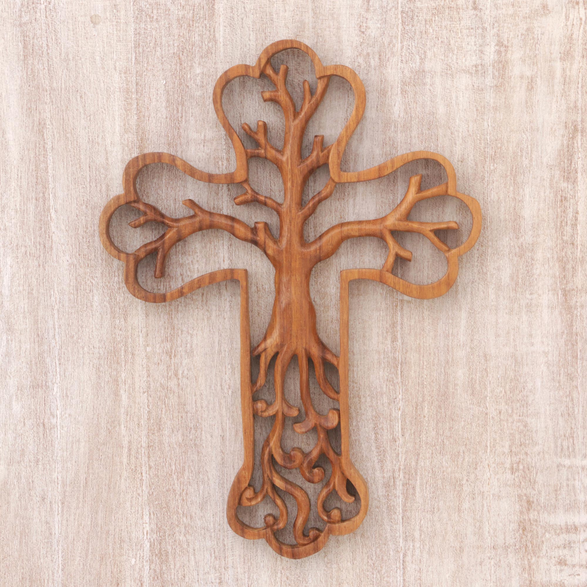 Premium Hand-Carved Tree Cross Suar Wood Relief Panel - Artisan Crafted in Bali