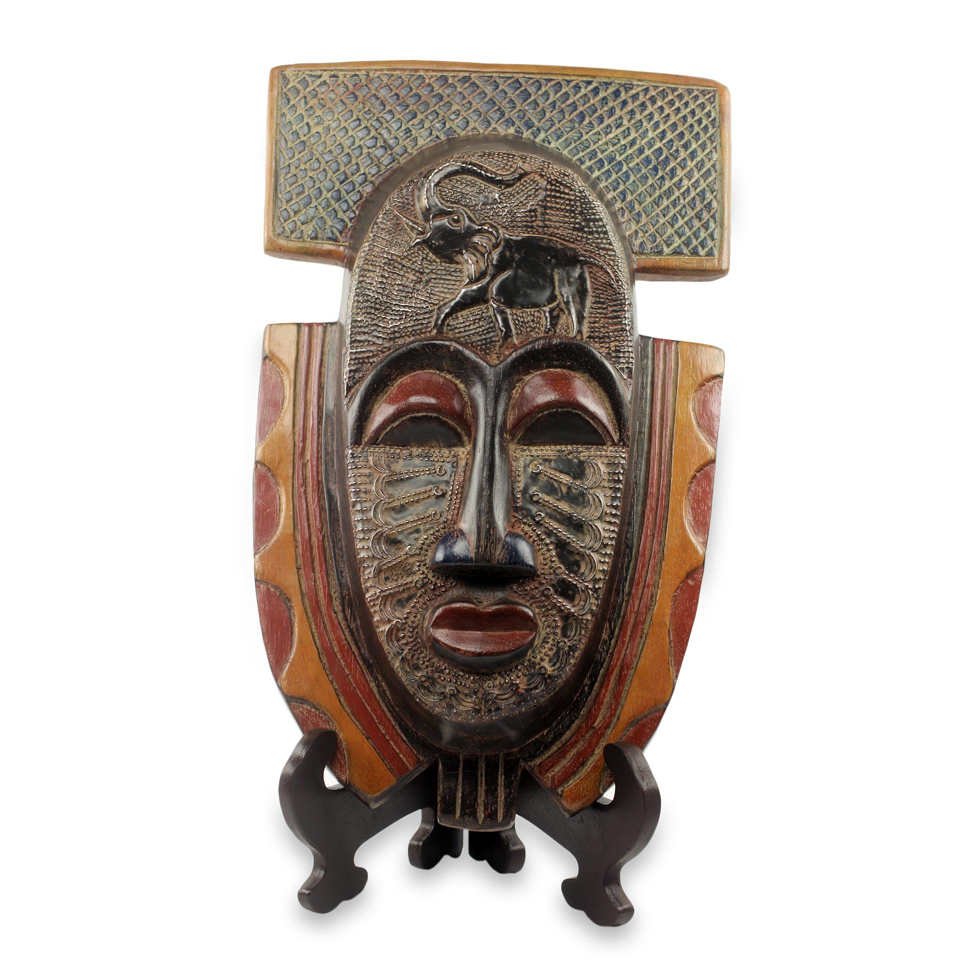 Premium Handcrafted Royal Elephant African Mask with Stand - Authentic Ghana Art