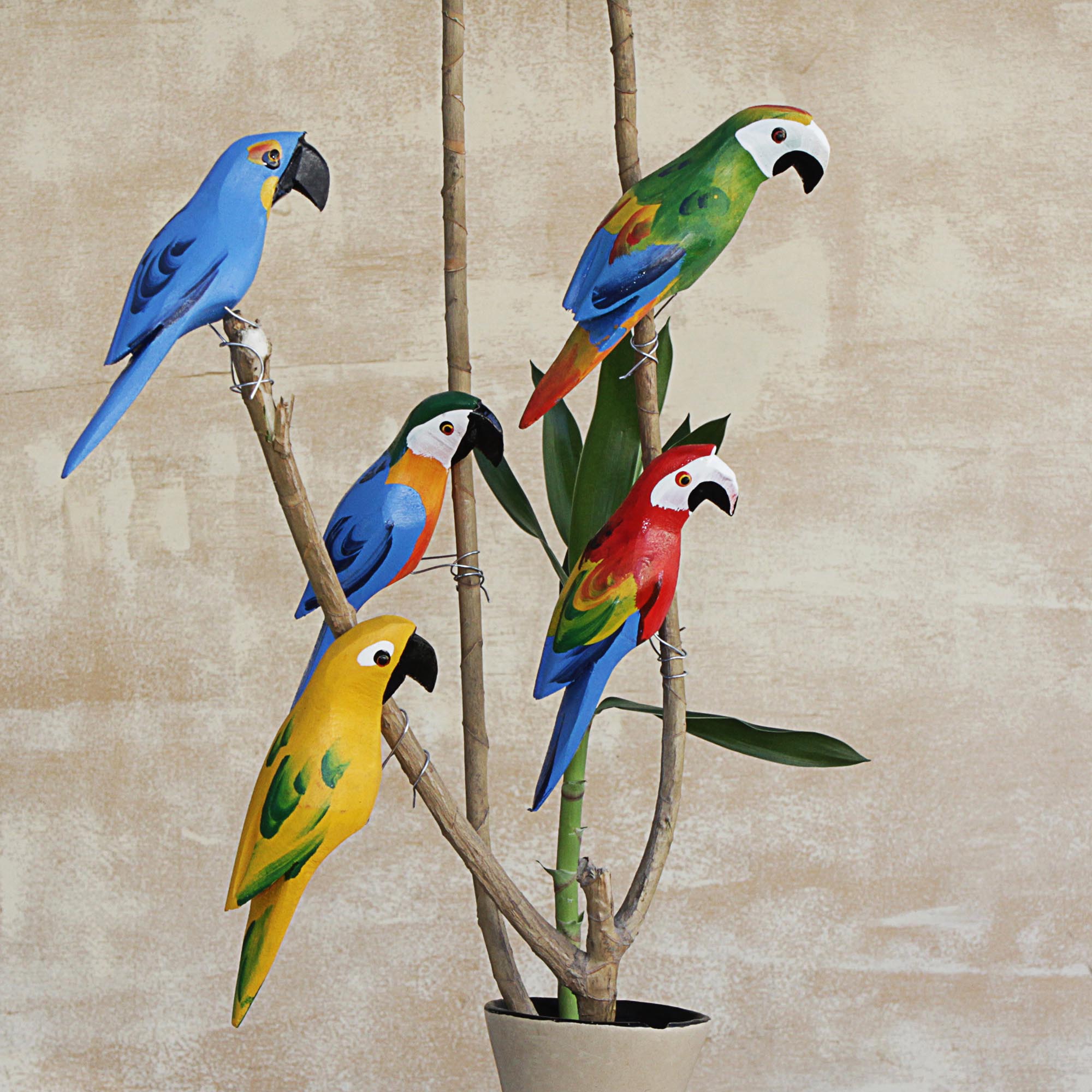 Premium Hand-Carved Wooden Parrot Decor Set of 5 | Brazil-Inspired Home Accents