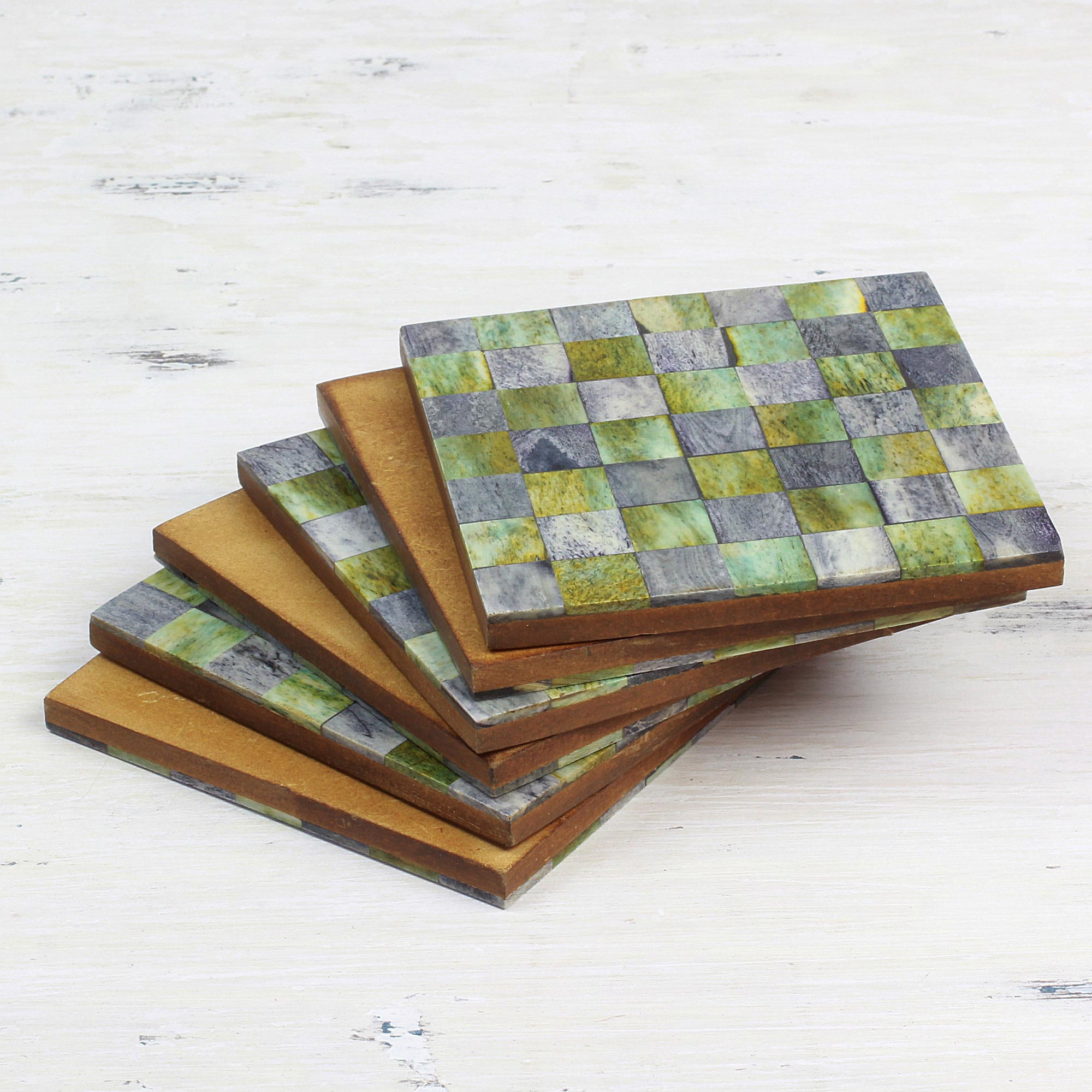 Premium Handcrafted Green & Grey Checkerboard Bone Coasters - Set of 6