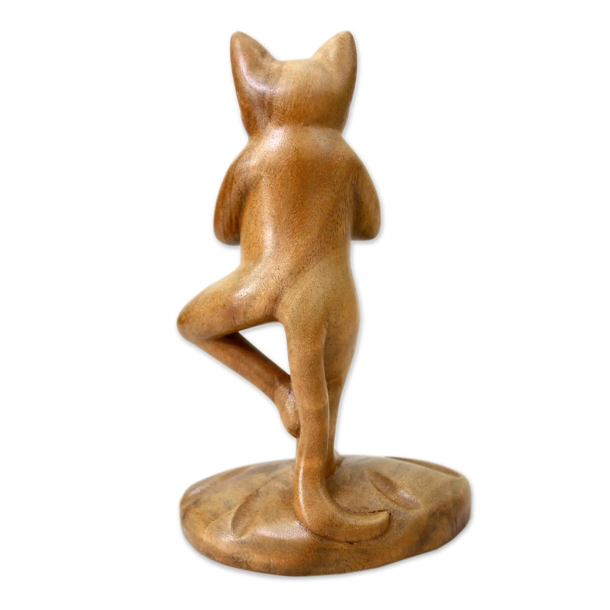 Premium Tree Pose Yoga Cat Statue - Handcrafted Suar Wood Art