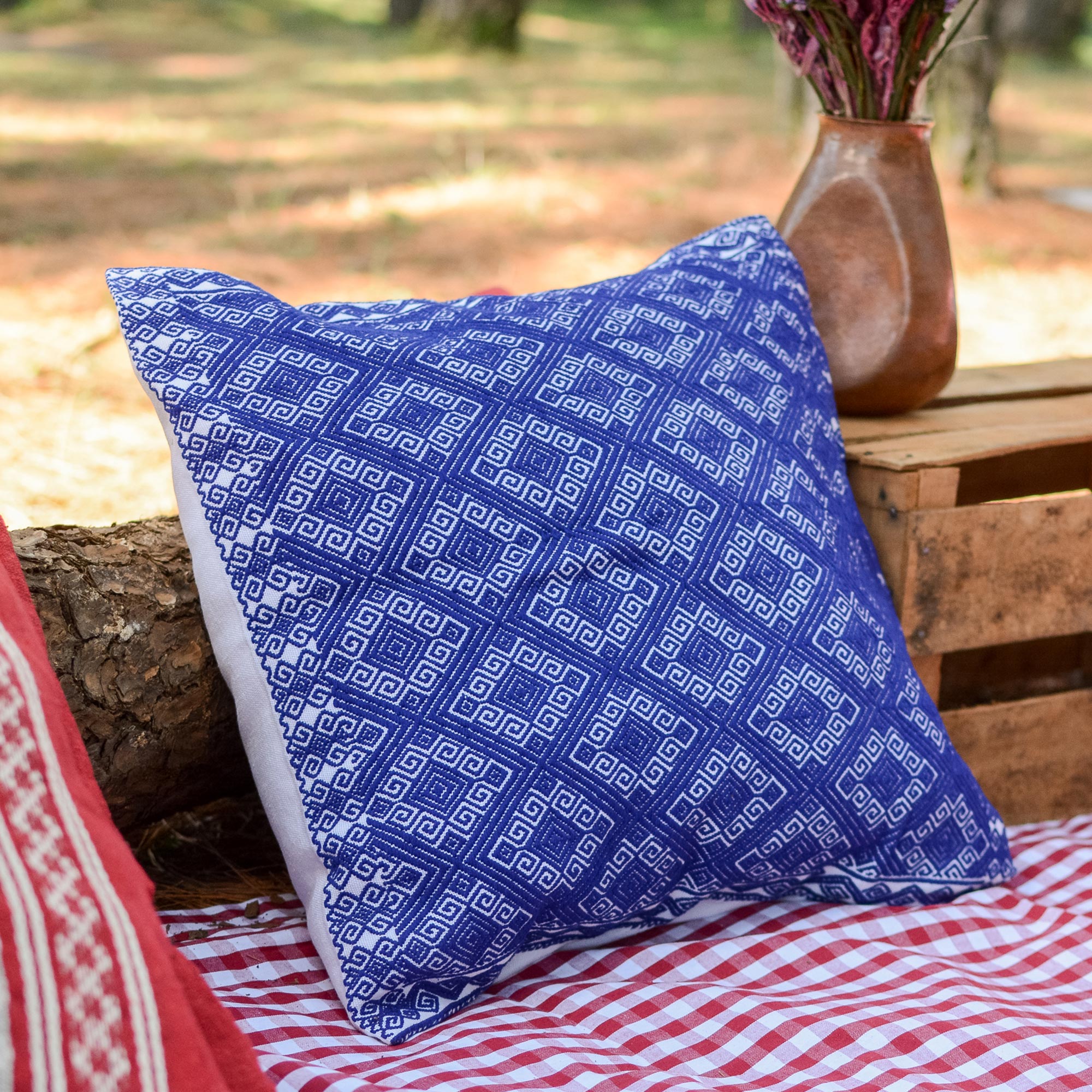Premium Handwoven Navy & White Brocade Cotton Cushion Cover