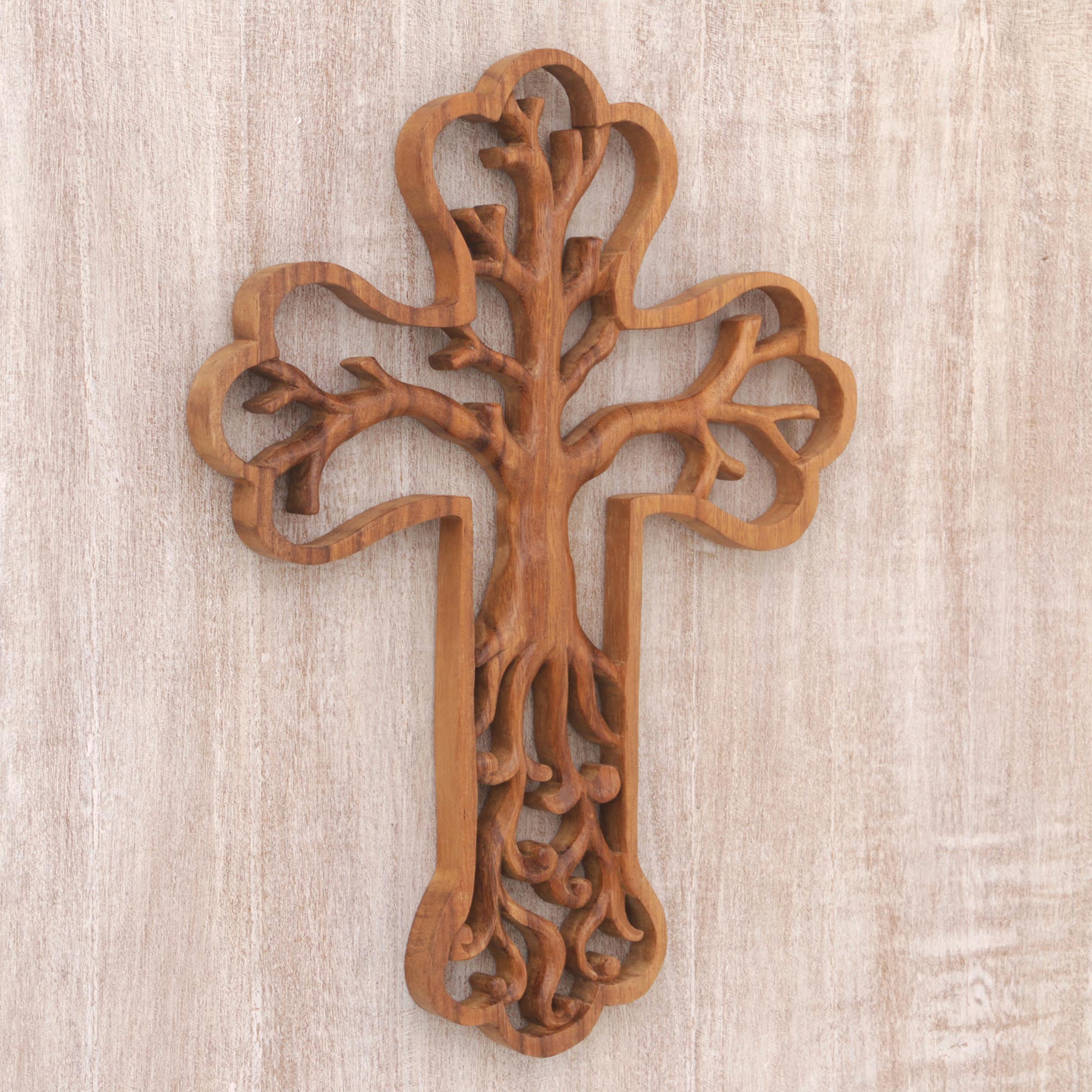 Premium Hand-Carved Tree Cross Suar Wood Relief Panel - Artisan Crafted in Bali