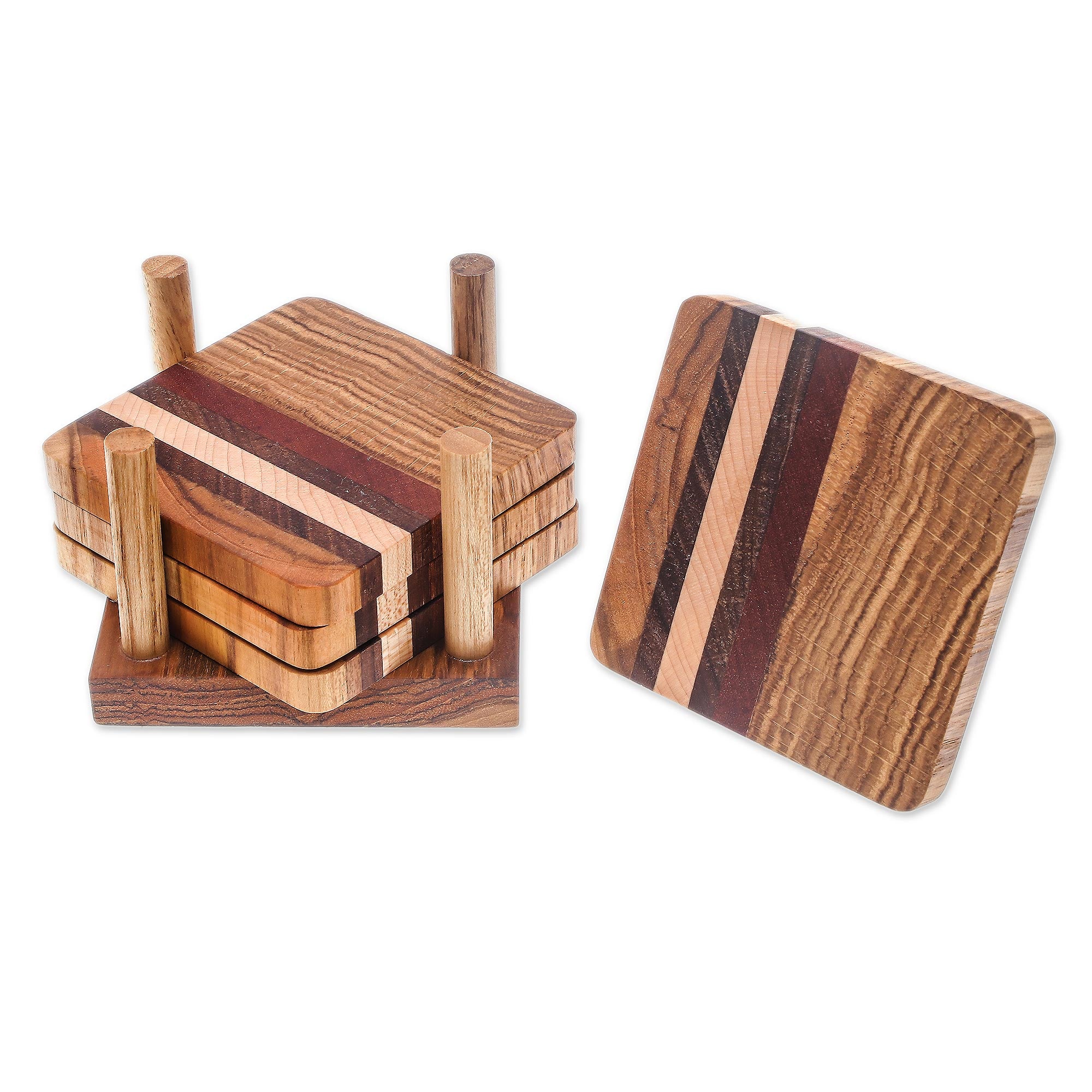 Premium Handcrafted Striped Wood Coasters Set of 4 - Natural Thai Design