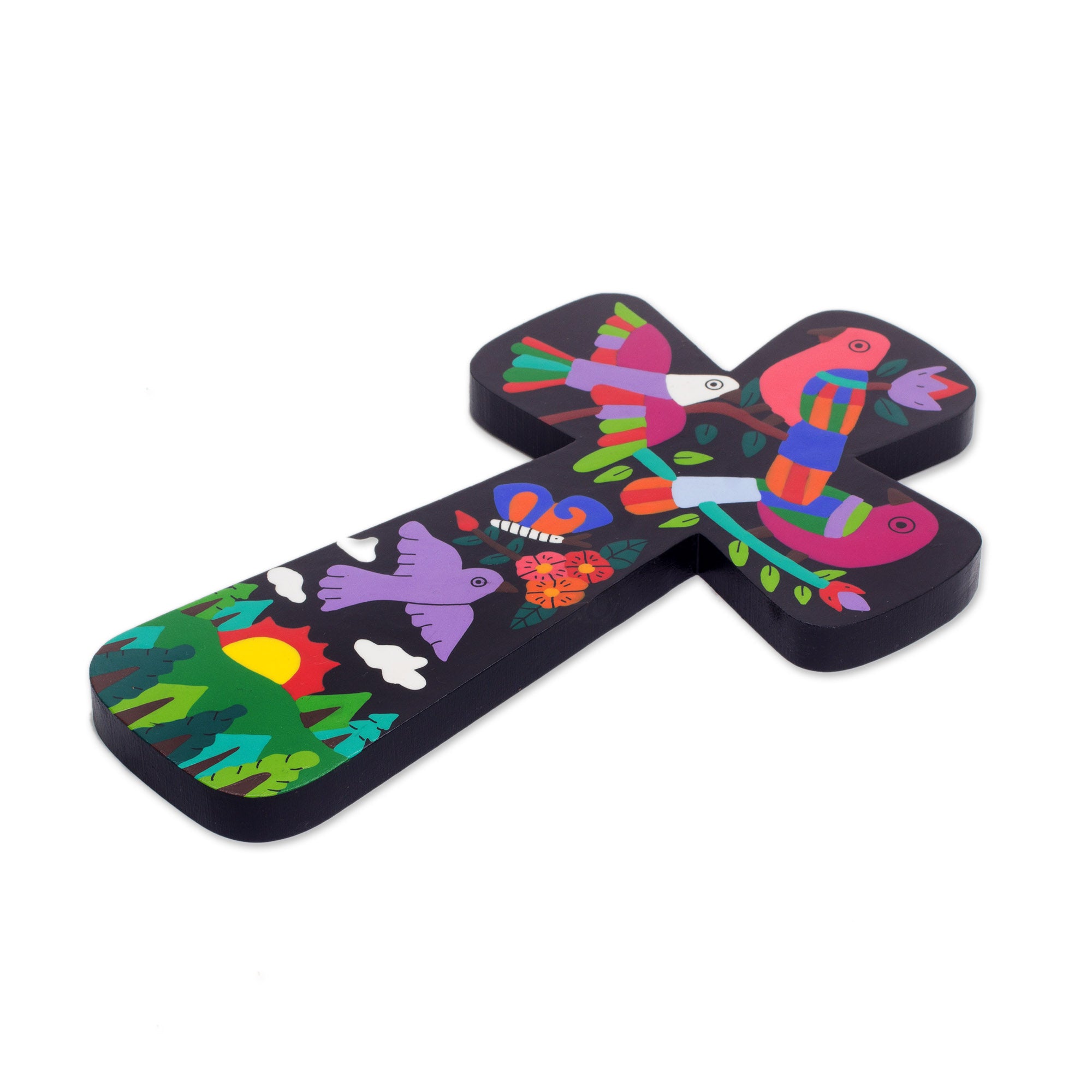 Premium Hand-Painted Neon Nature Pinewood Wall Cross with Vibrant Bird Motifs