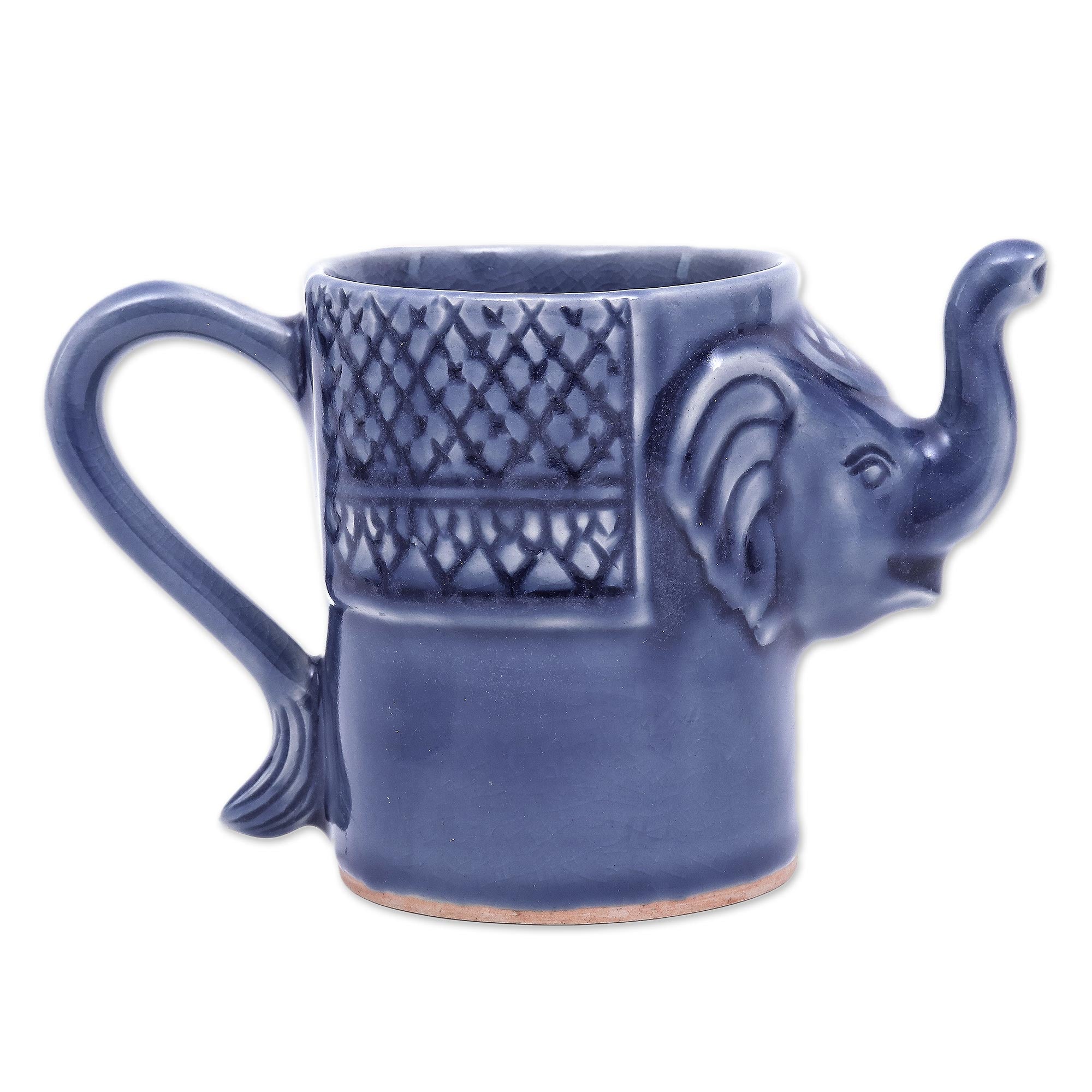 Premium Indigo Blue Celadon Elephant Mug – Handcrafted Ceramic Art