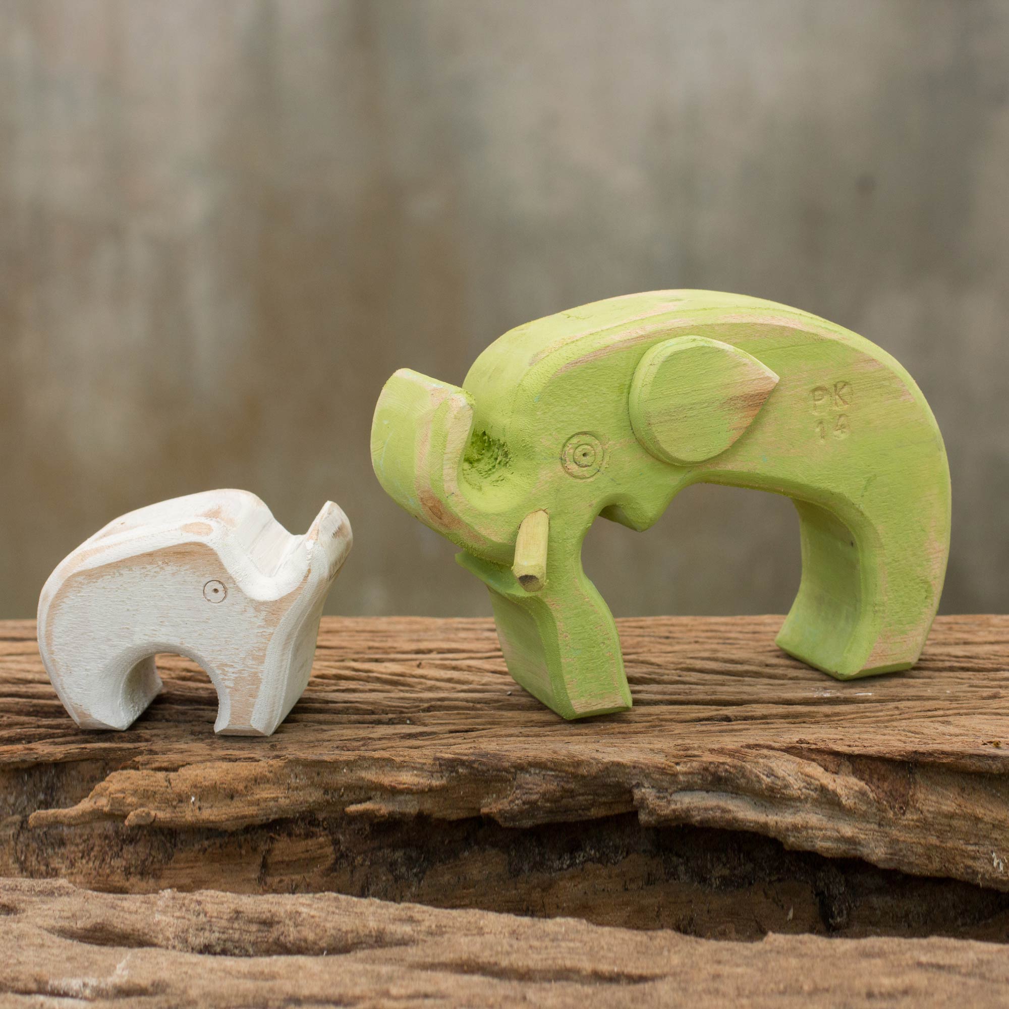 Premium Hand-Crafted Green & White Elephant Sculpture Duo – Rustic Thai Santol Wood Art