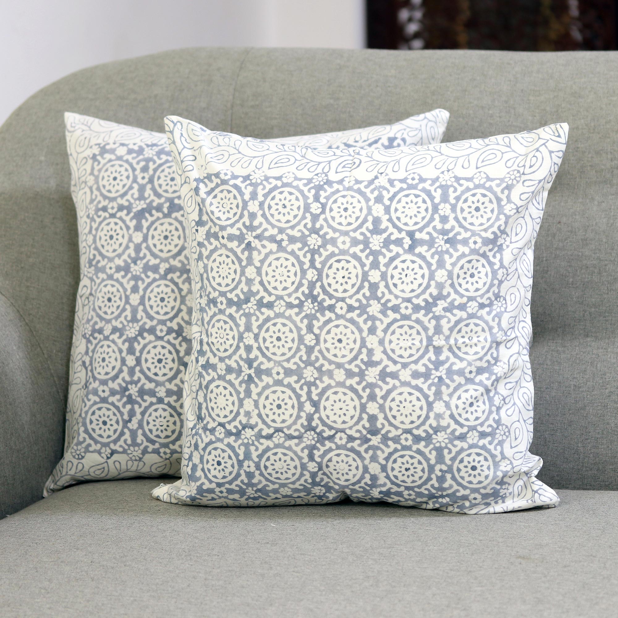 Premium Slate Jali Floral Cotton Cushion Covers (16 in. Pair) - Ultimate Comfort & Style