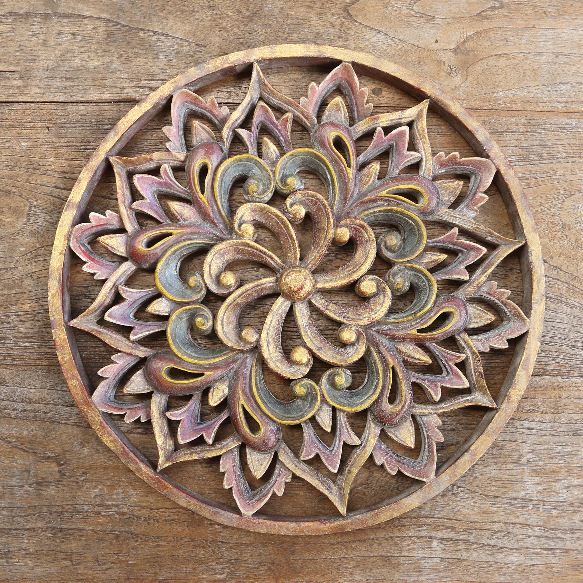 Premium Twilight Flower Hand-Carved Suar Wood Wall Art Panel