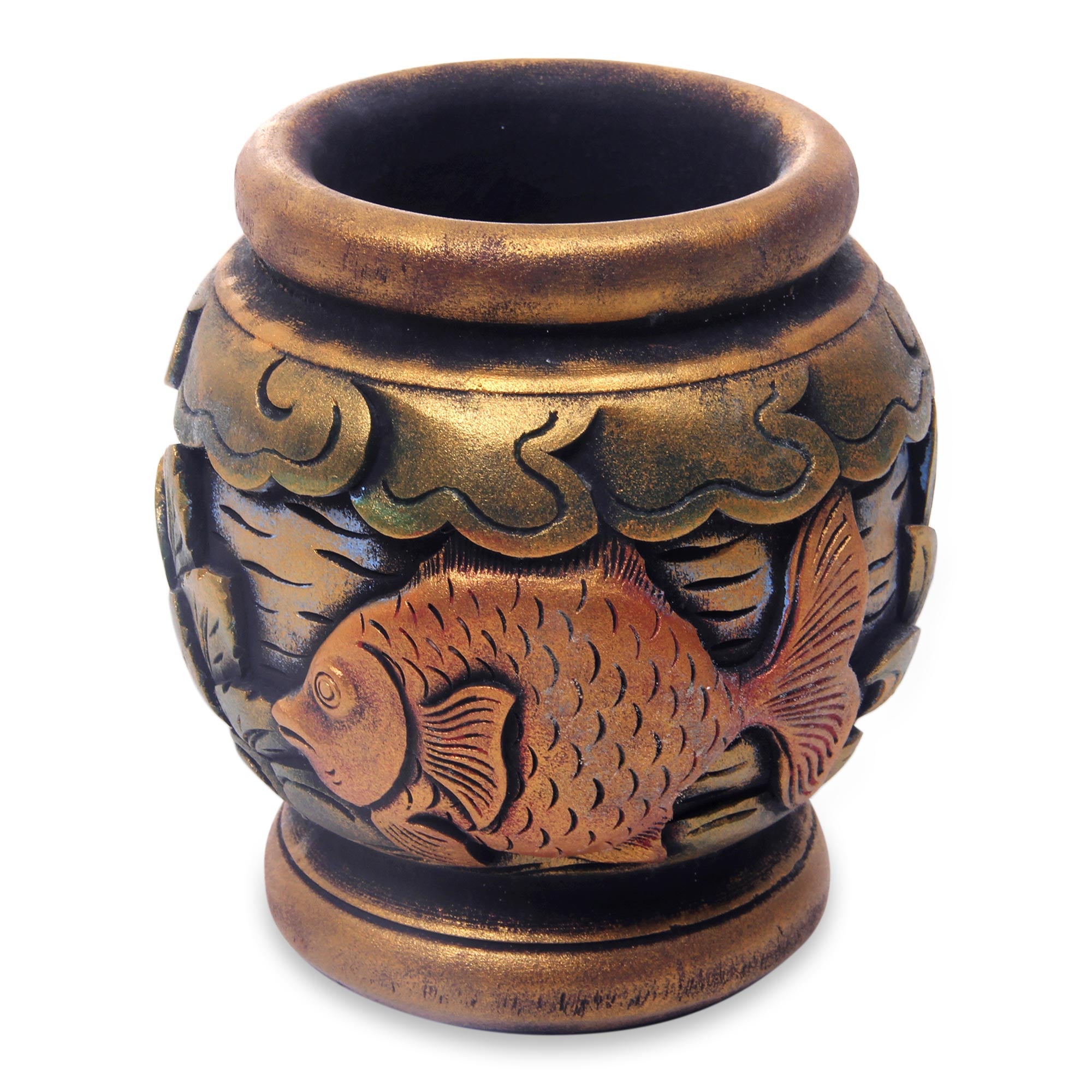 Premium Balinese Goldfish Hand-Carved Mahogany Vase - 5 Inch Antique Design