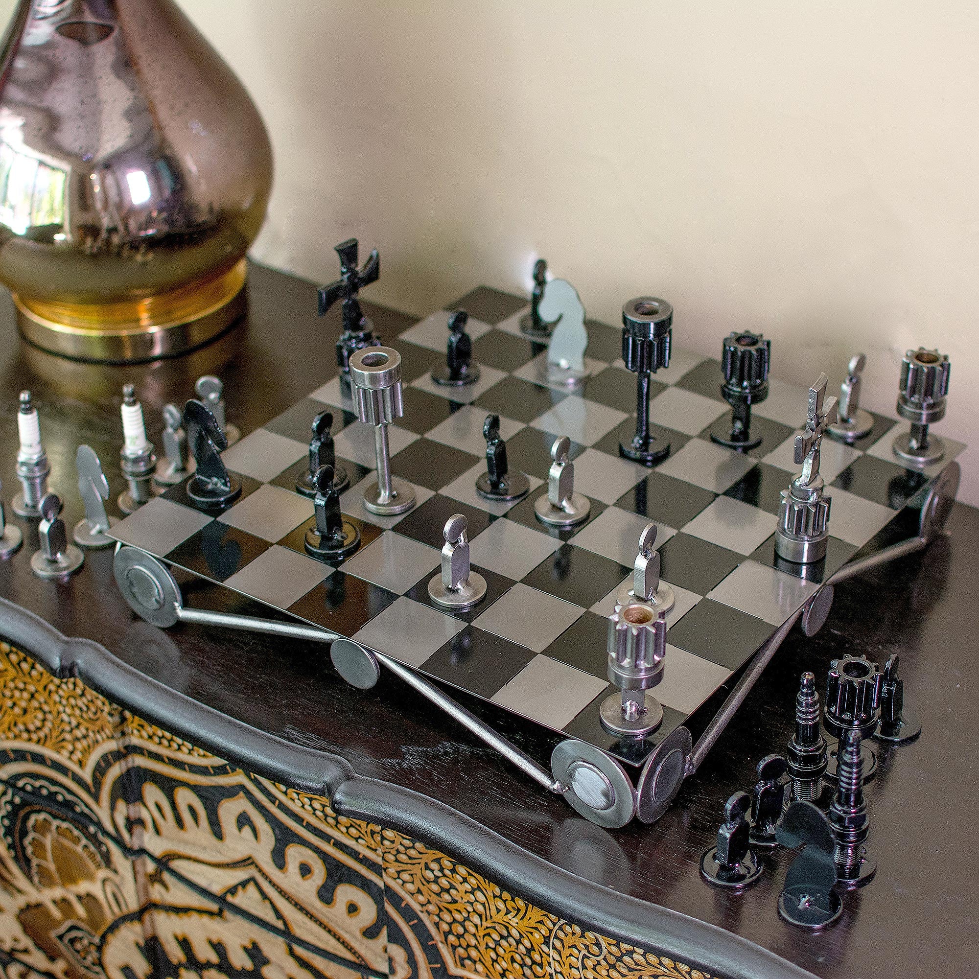Premium Recycled Metal Chess Set - Handcrafted Artisan Design