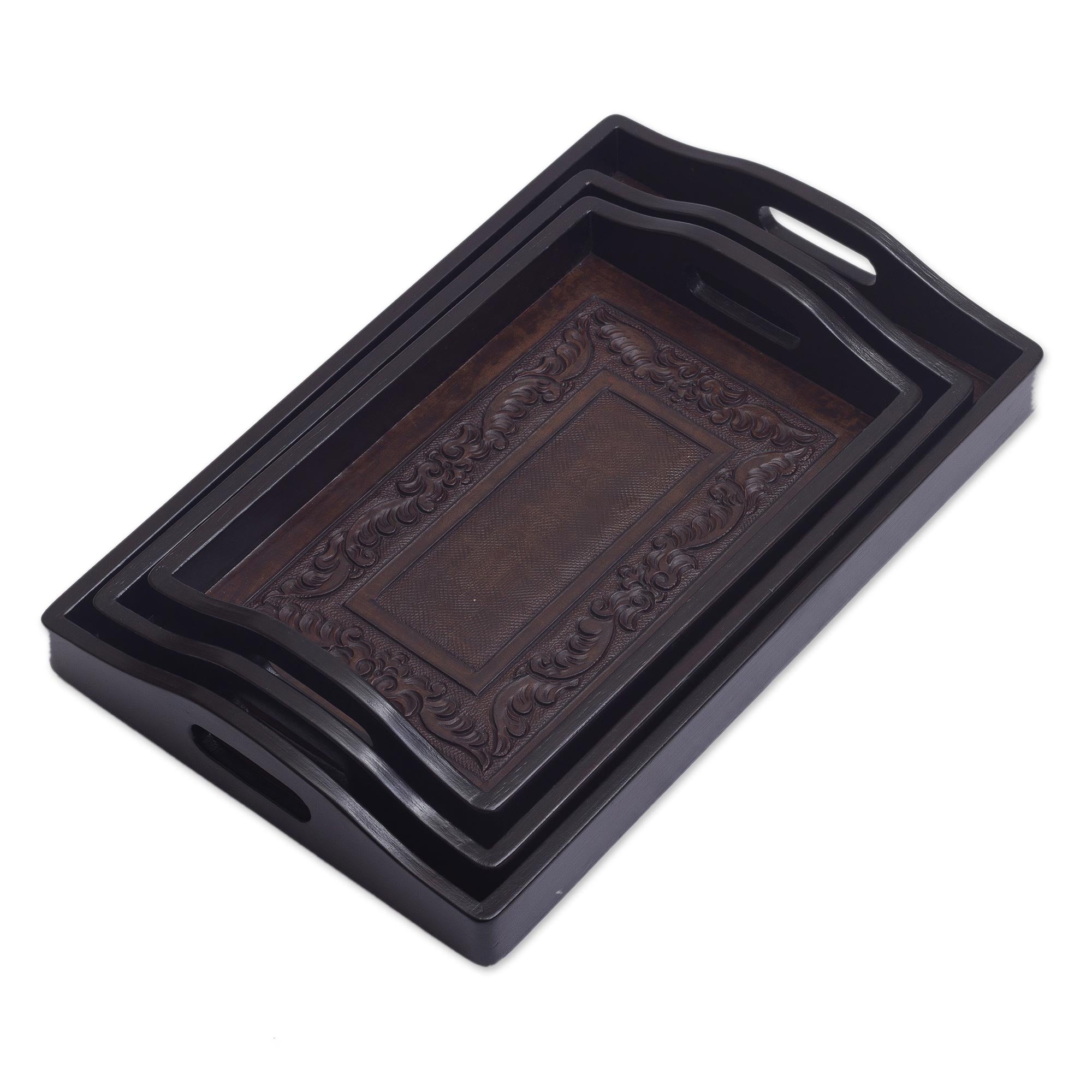 Premium Leather and Cedar Wood Serving Tray Set - Ultimate Collection (Set of 3)