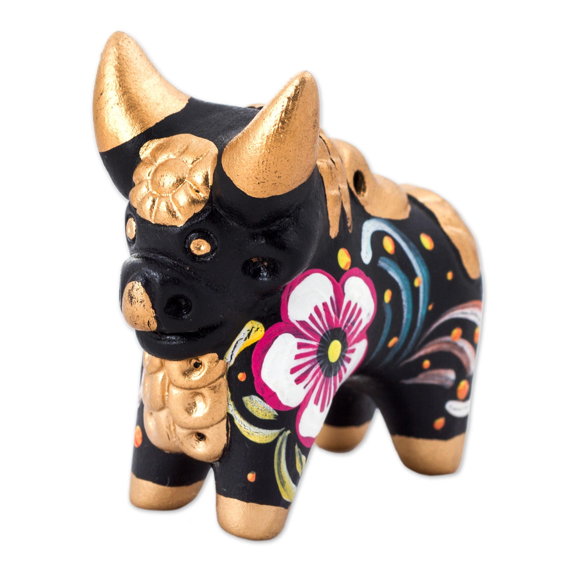 Premium Handcrafted Pucara Bull Figurine - Black & Metallic