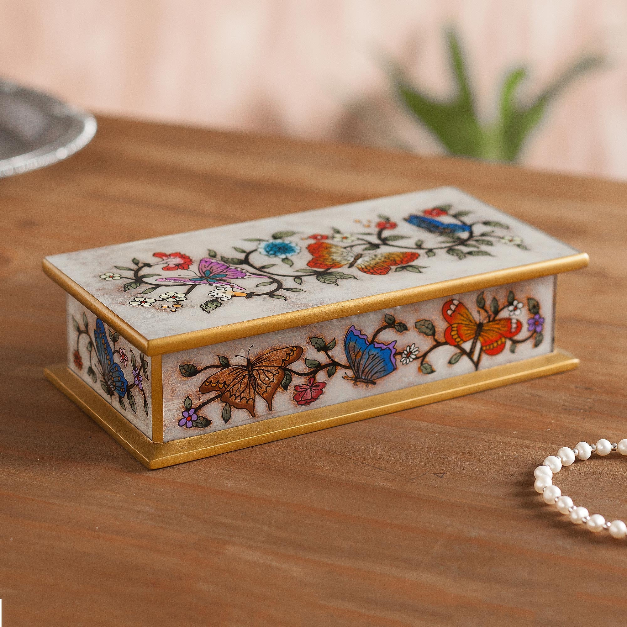 Premium Butterfly Jubilee Decorative Box in Bone Reverse Painted Glass