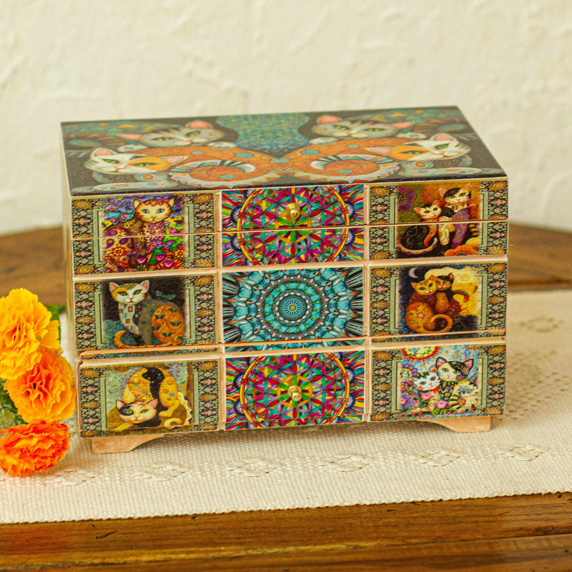 Premium Handcrafted Decoupage Cats Jewelry Box - Mexican Artisan Design