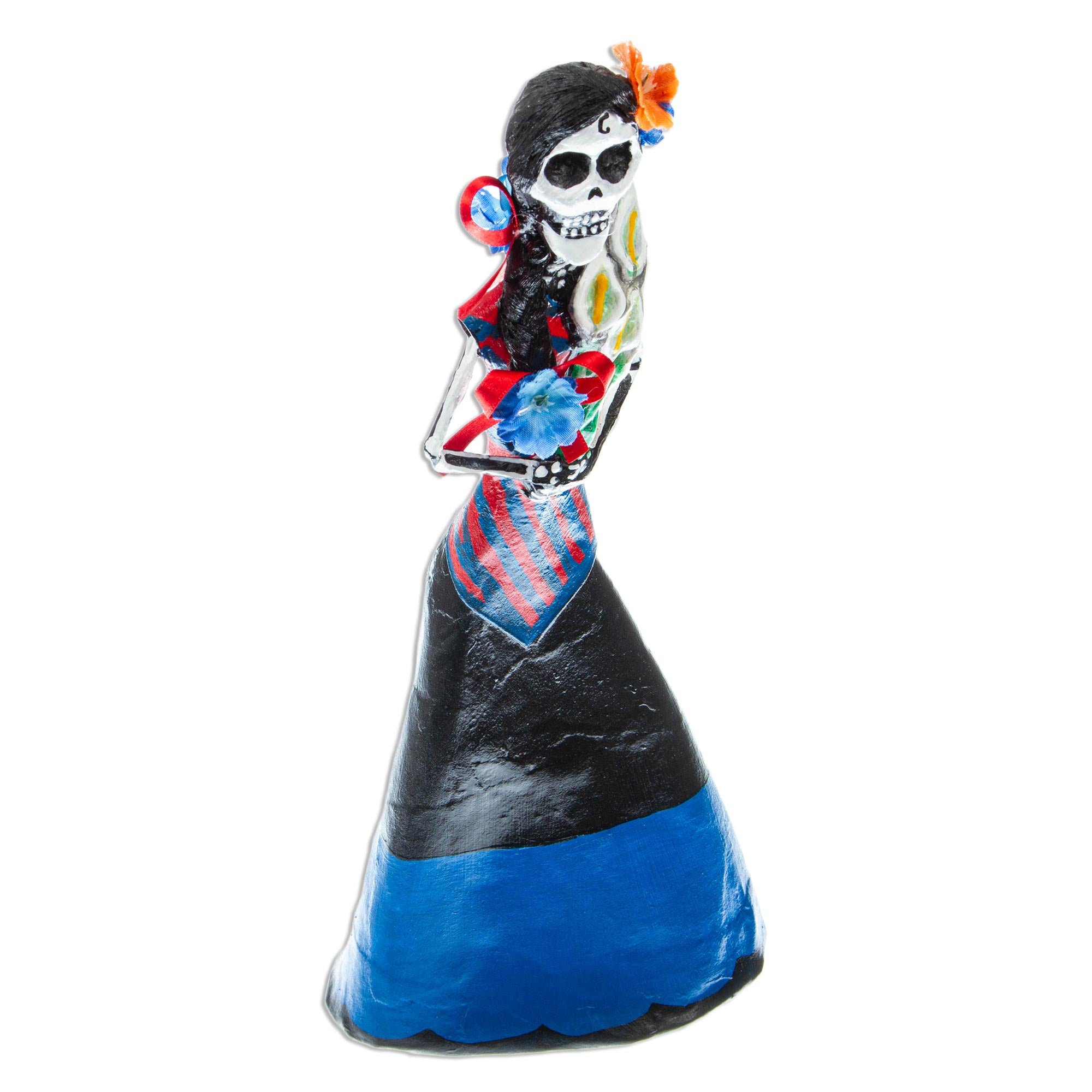 Premium Mexican Catrina Statuette with Lilies - Handcrafted Papier Mache Art