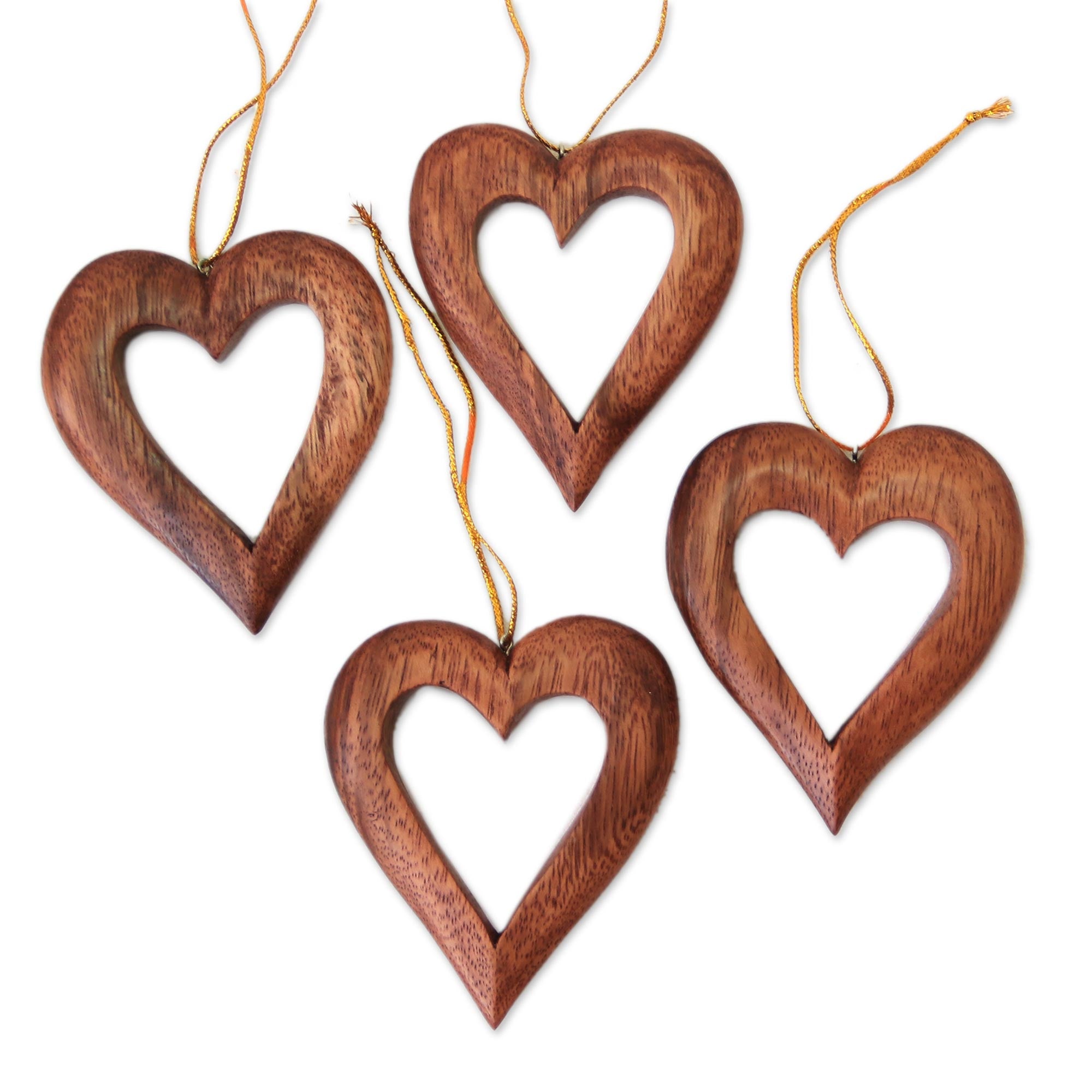 Premium Hand-Carved Heart-Shaped Suar Wood Ornaments from Bali - Set of 4