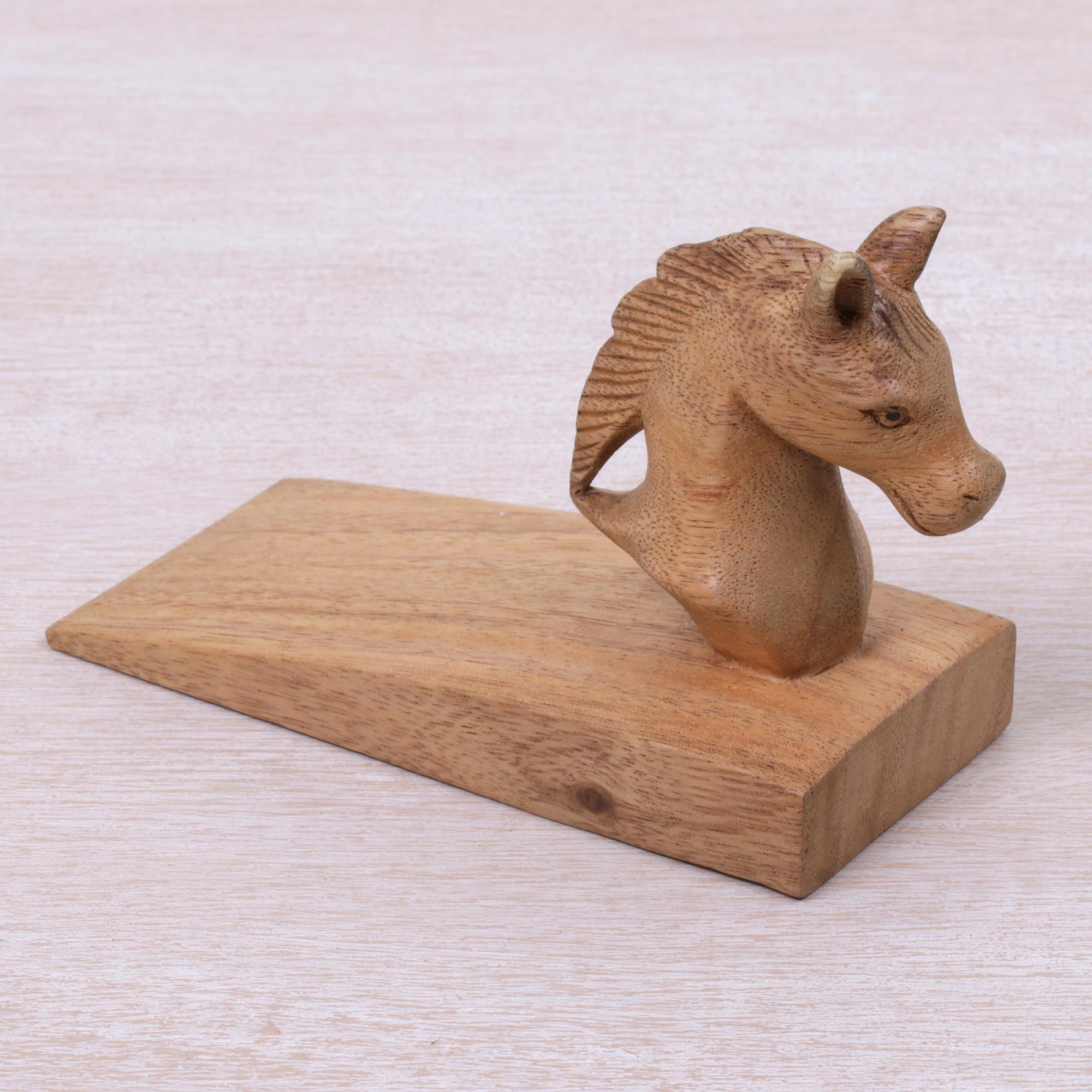 Premium Hand-Carved Suar Wood Horse Door Stopper - Elegant Brown Finish, Artisan Crafted in Bali