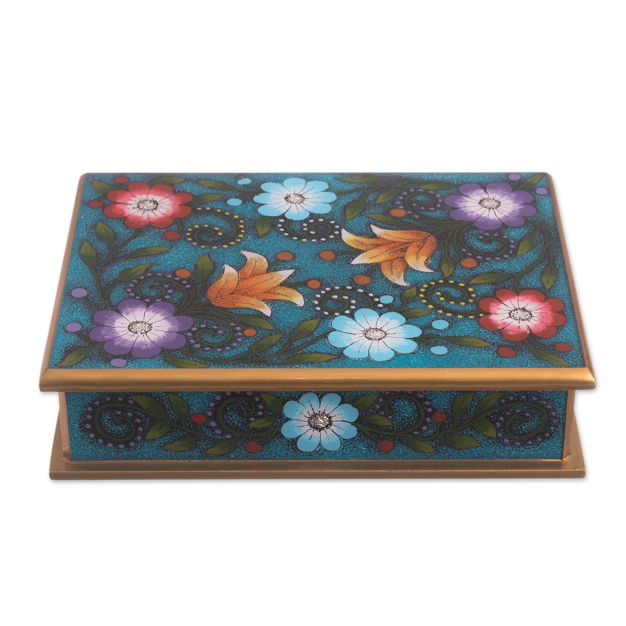 Premium Blue Floral Reverse-Painted Glass Decorative Box - Handcrafted Margarita Garden Design