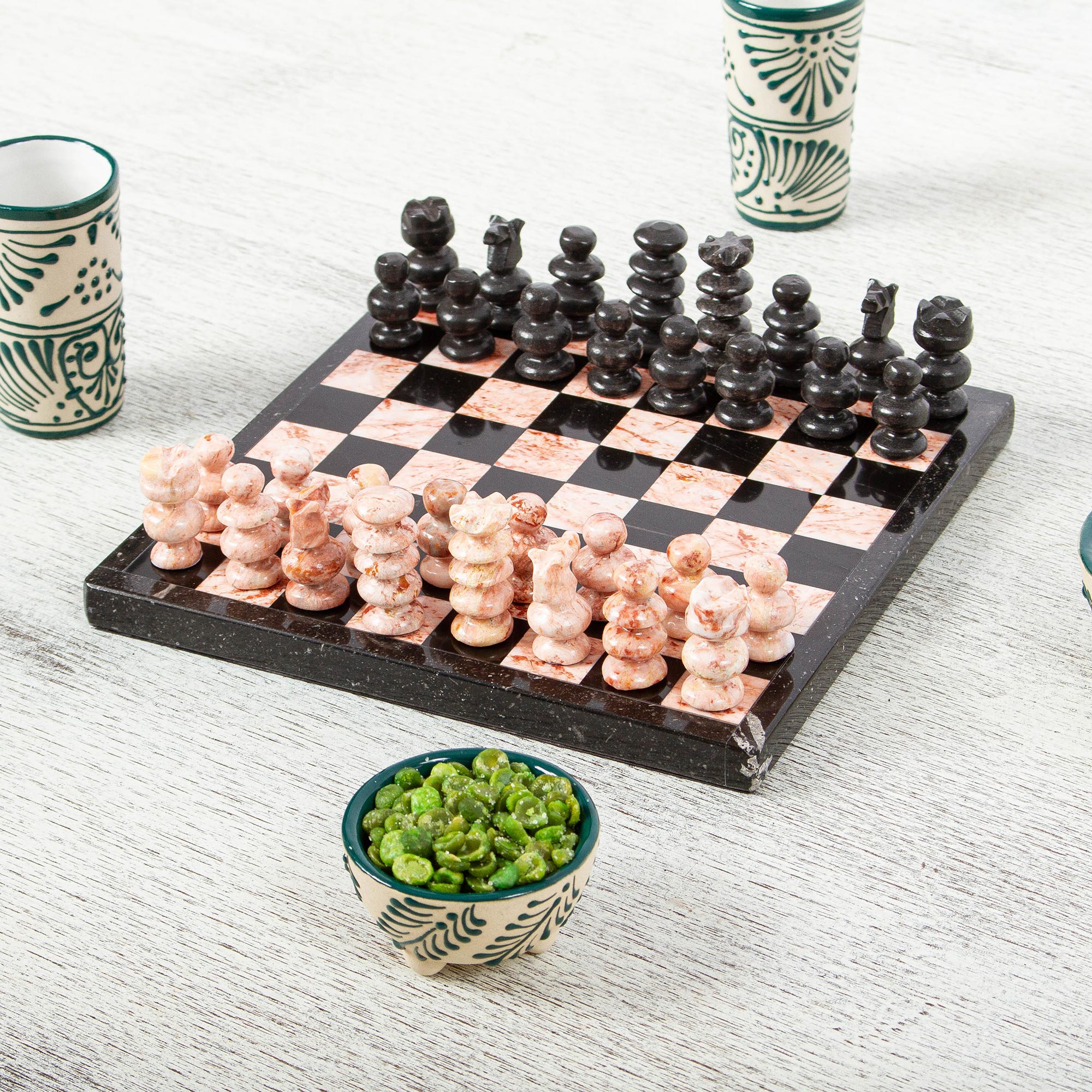 Premium Black & Pink Marble Chess Set - Handcrafted in Mexico (7.5 in.)