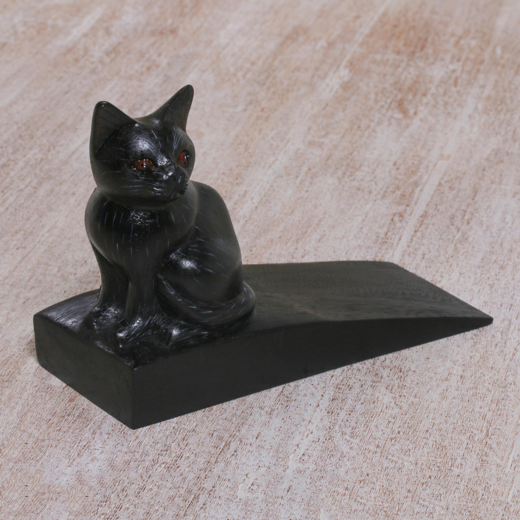 Premium Handcrafted Black Suar Wood Kitten Doorstop