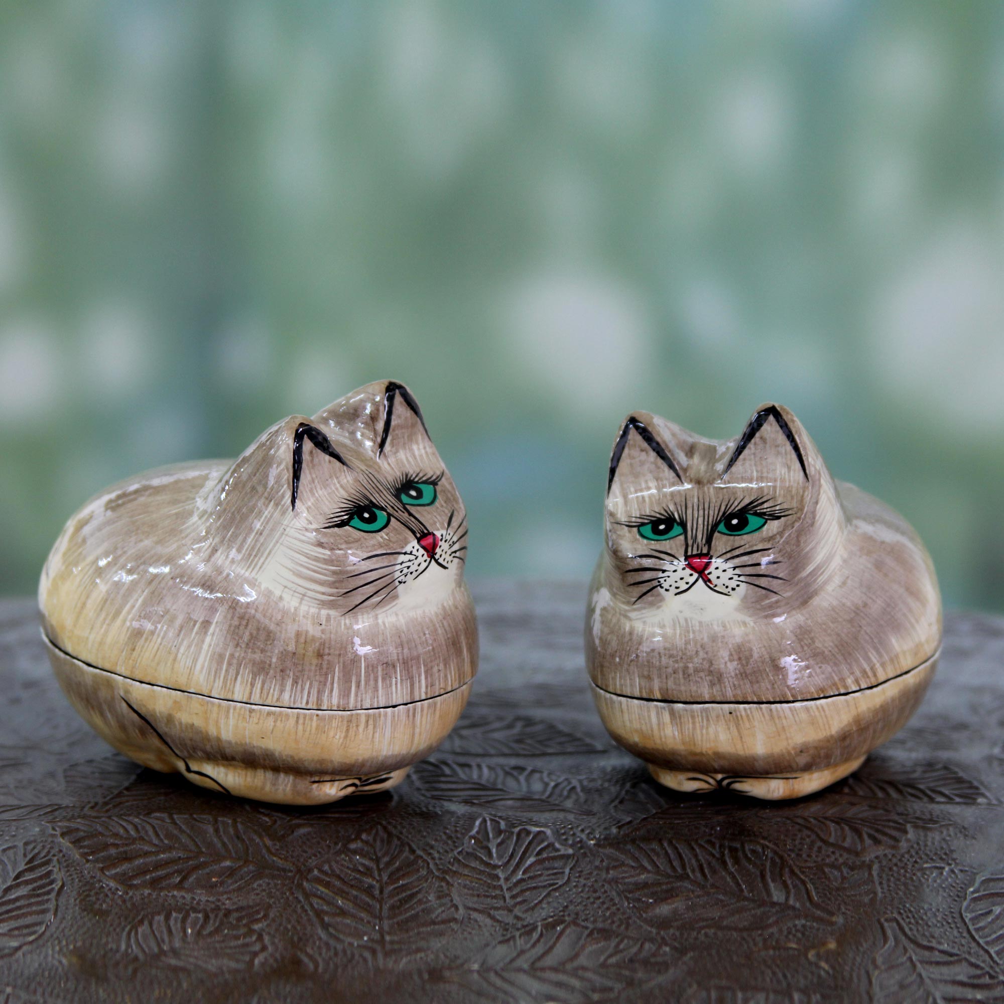 Premium Handcrafted Cat-Themed Papier Mache Keepsake Boxes (Set of 2)