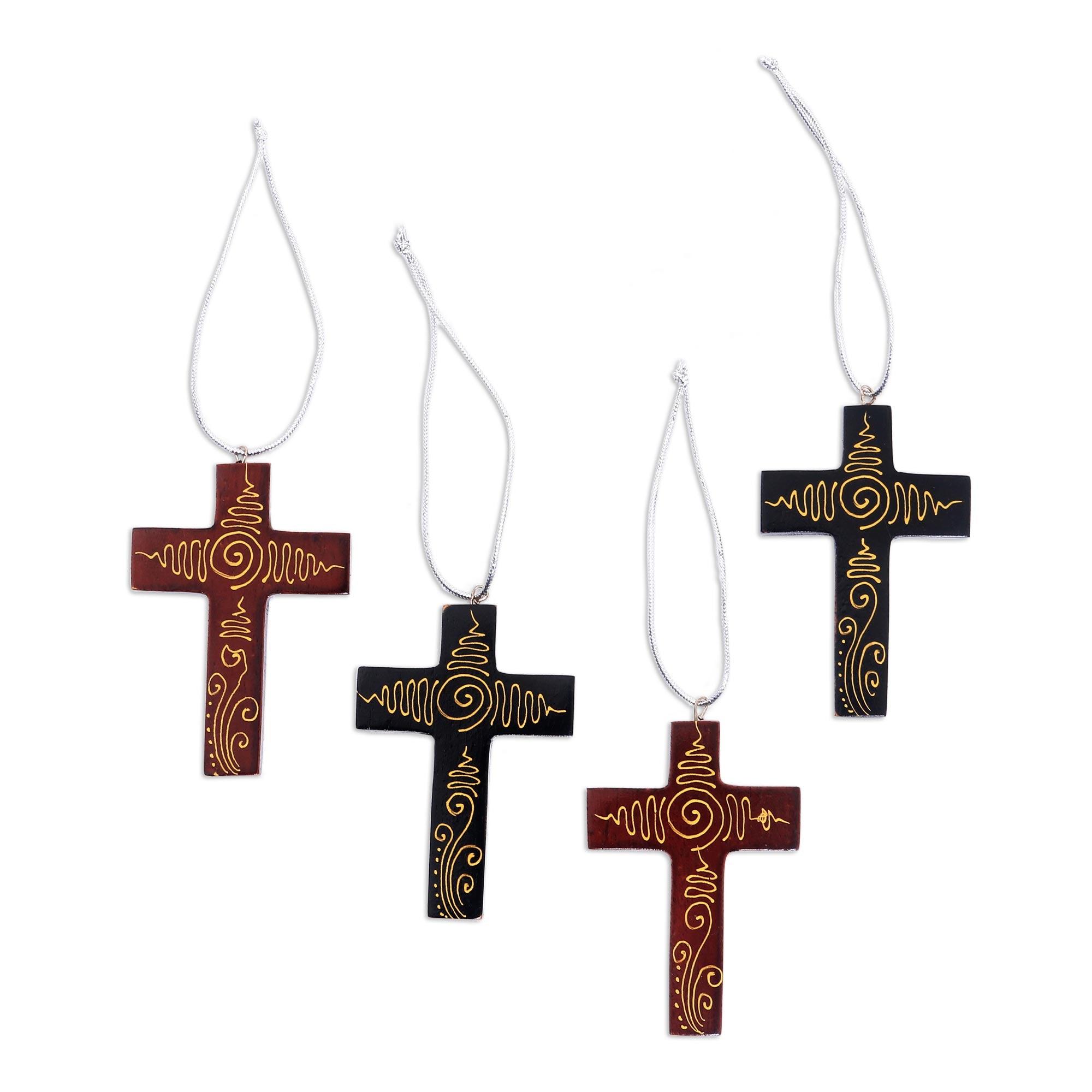 Premium Handcrafted Mahogany Cross Ornaments - Set of 4