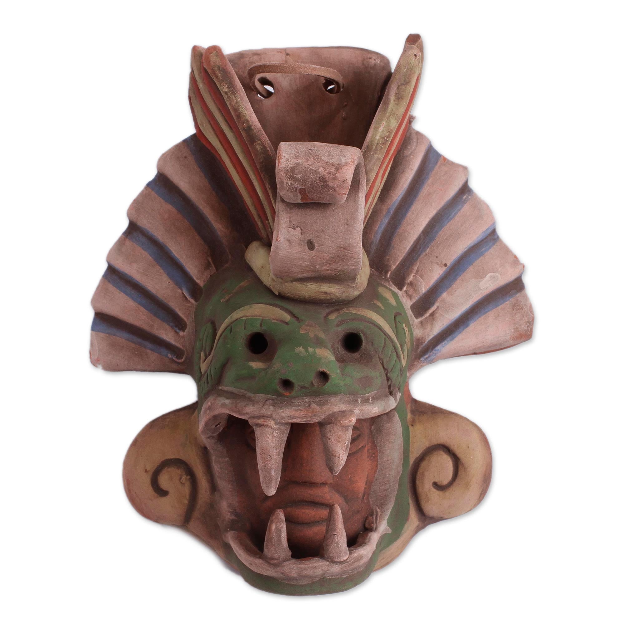 Premium Quetzalcoatl Handcrafted Ceramic Wall Mask - Earthtone Feathered Serpent Design