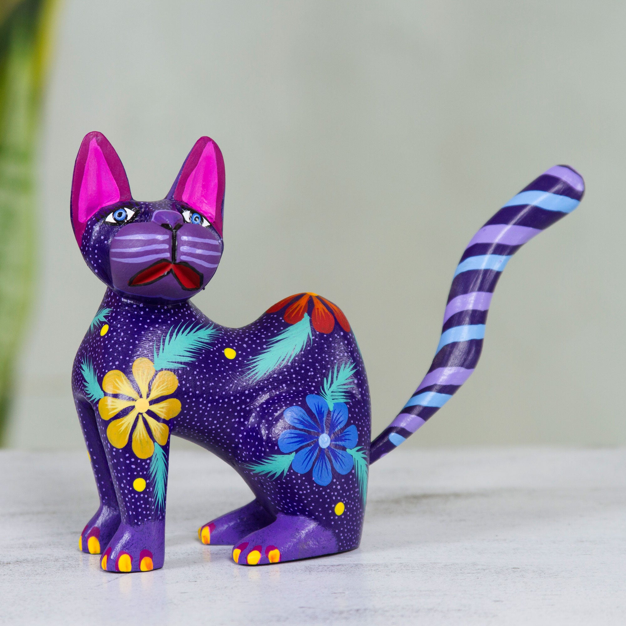 Premium Handcrafted Purple Wood Cat Sculpture – Magical Folk Art Decor