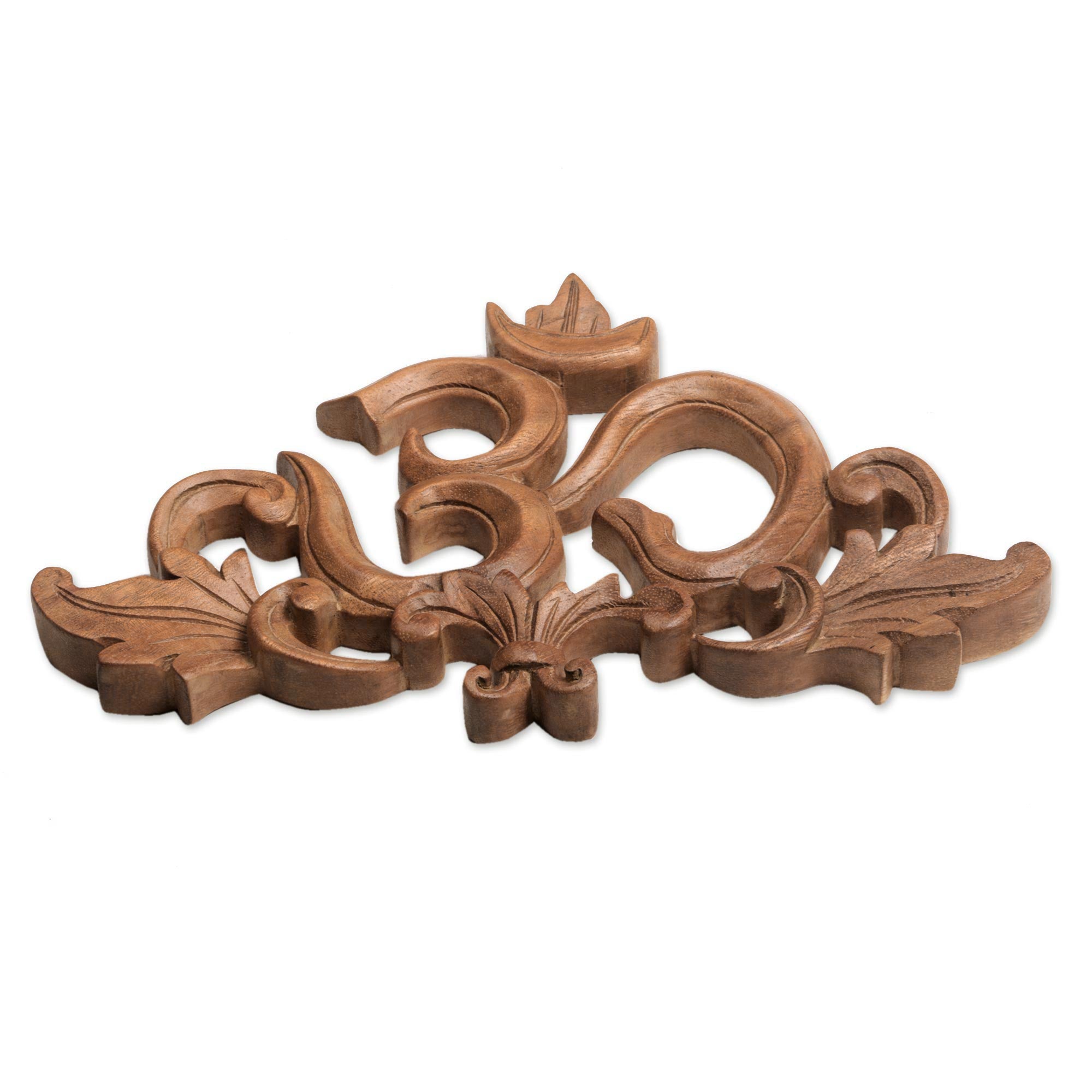 Premium Handcrafted Suar Wood Om Relief Panel - Leafy Design from Bali