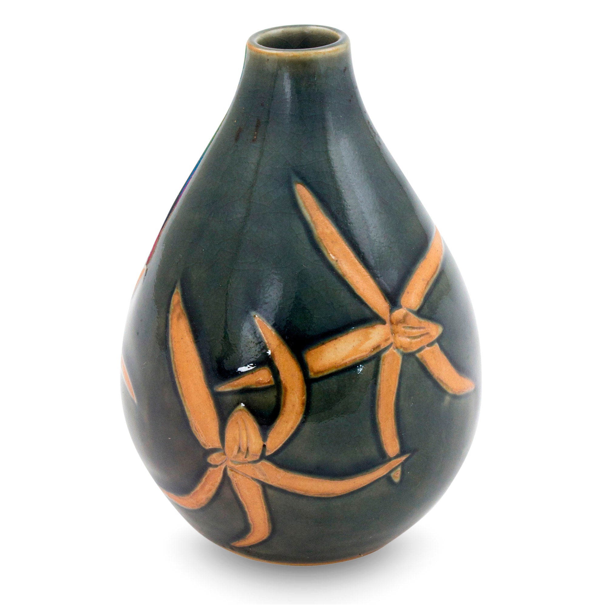 Premium Celadon Ceramic Vase: Dragonfly Orchids Design - Handcrafted Elegance
