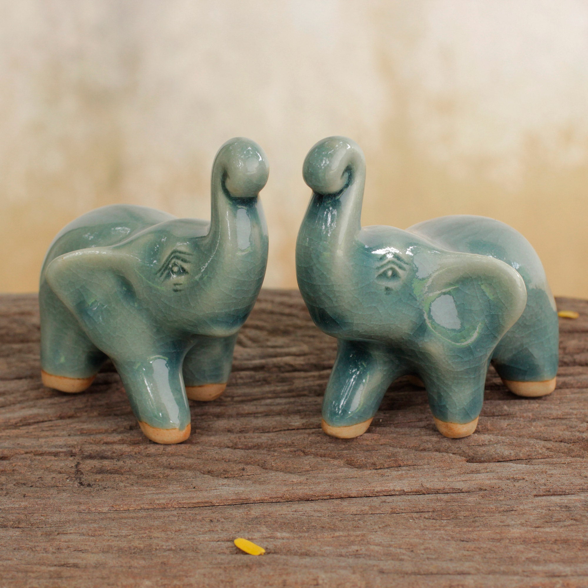 Premium Handcrafted Blue Celadon Elephant Figurines - Lucky Blue Elephants Duo