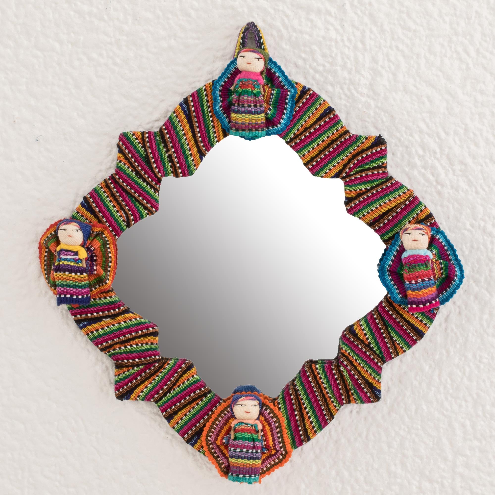 Premium Handmade Guatemalan Wall Mirror with Worry Dolls – Quitapenas Happiness Collection