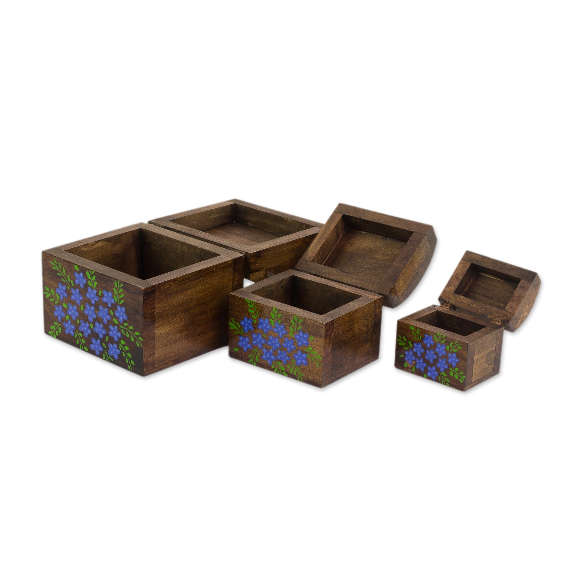 Premium Handcrafted Blue Floral Pinewood Treasure Box Set (3-Piece)