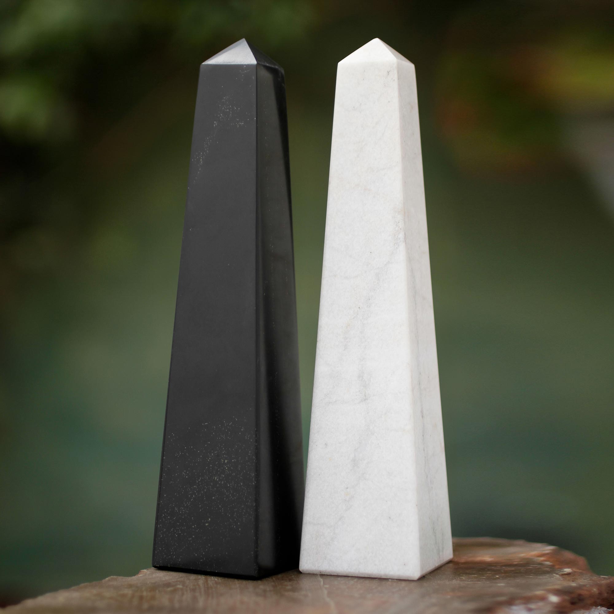 Premium Black & White Onyx Obelisk Sculpture Set - Pair of 2