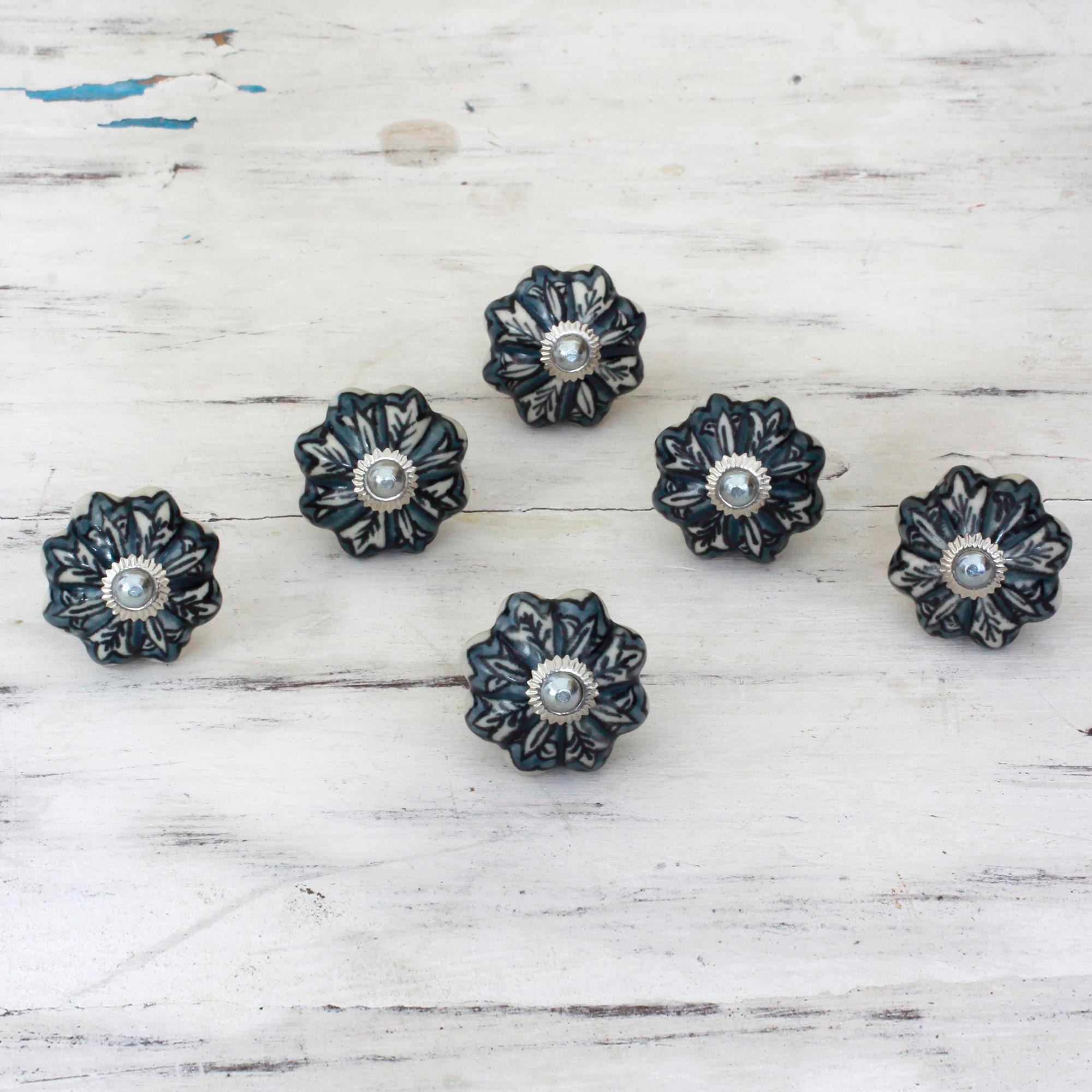 Premium Floral Grey Ceramic Cabinet Knobs – Handcrafted Set of 6