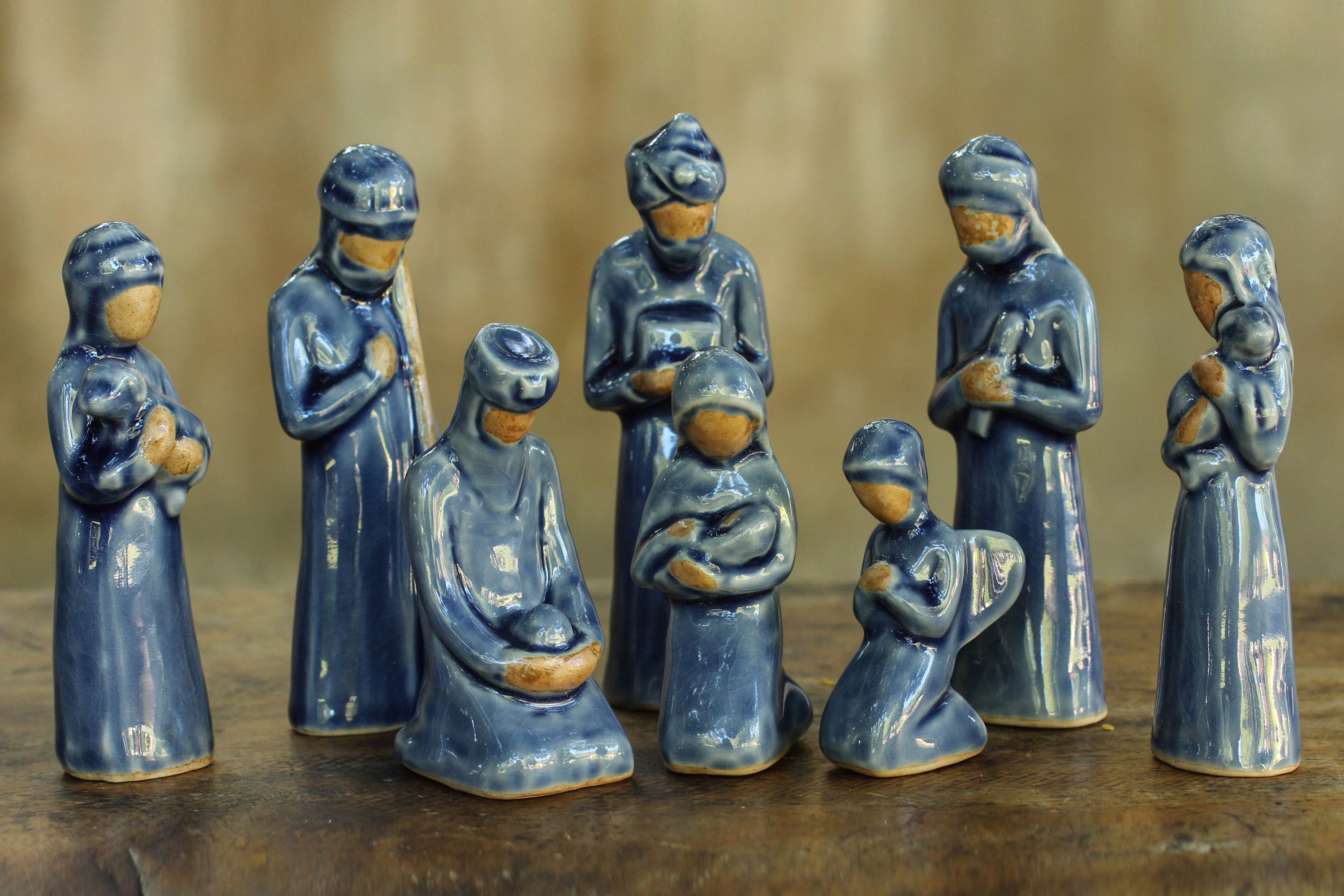Premium Thai Celadon Nativity Set - Handcrafted Blue Ceramic 8-Piece Scene