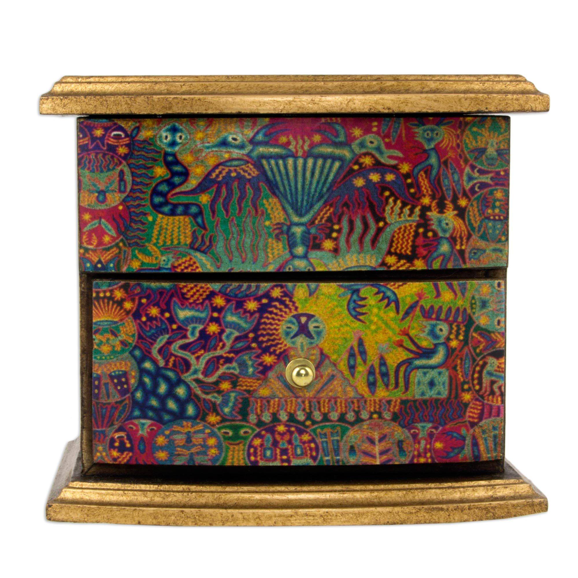 Premium Handcrafted Huichol Art Jewelry Box - Pinewood Decoupage Design